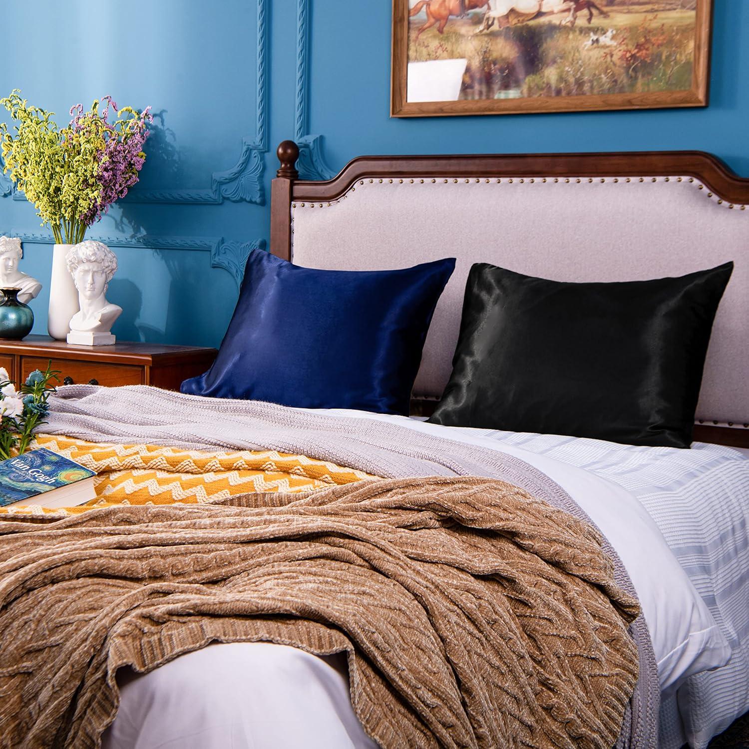 2 Pack Satin King Pillowcases for Hair and Skin, Luxurious Pillow Cases with Envelope Closure, 20x36 Inches, Black - NTBAY