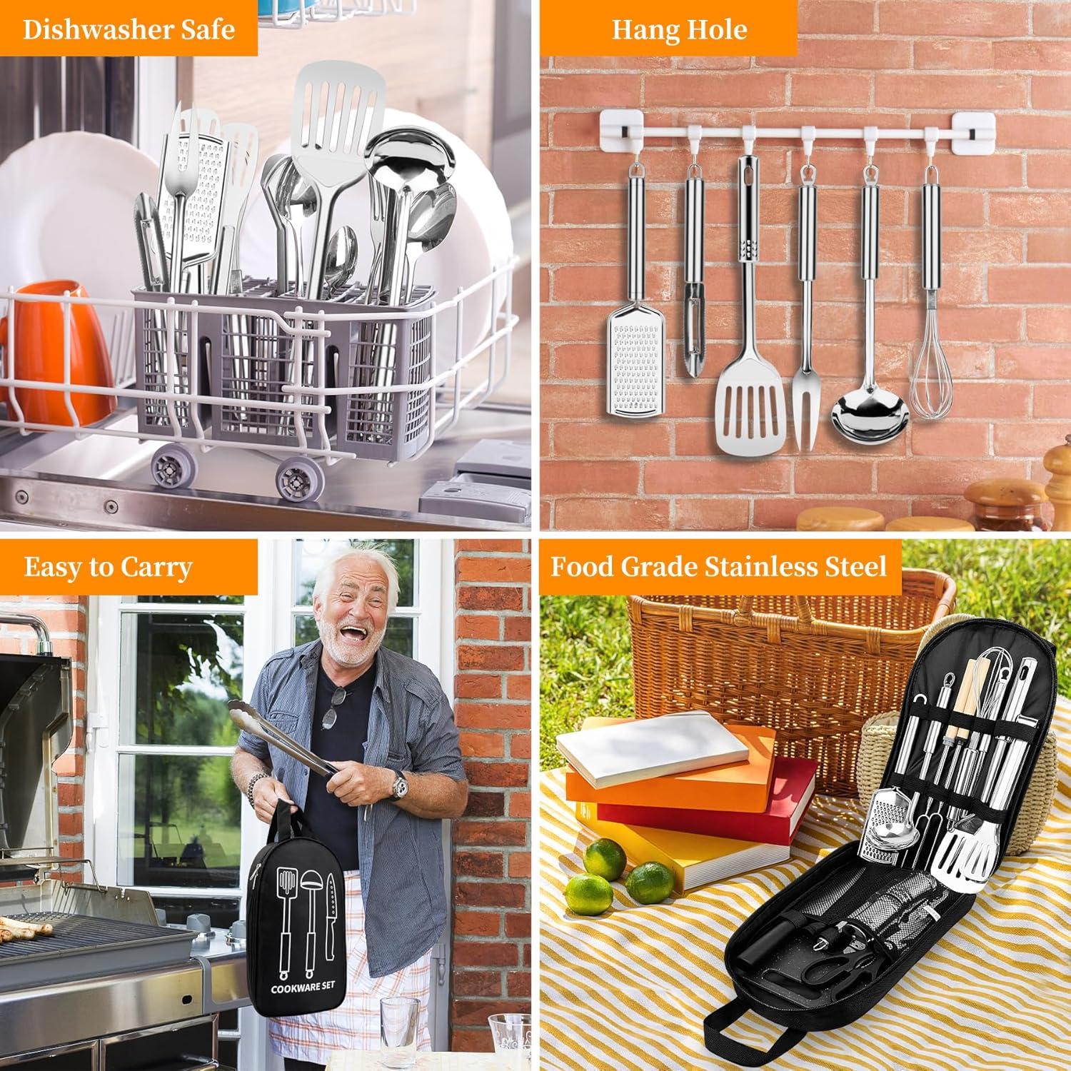 Camping Cooking Utensils Set, Stainless Steel Grill Tools, Camping BBQ Cookware Gear and Equipment for Travel Tenting RV Van Picnic Portable Kitchen Essentials Accessories