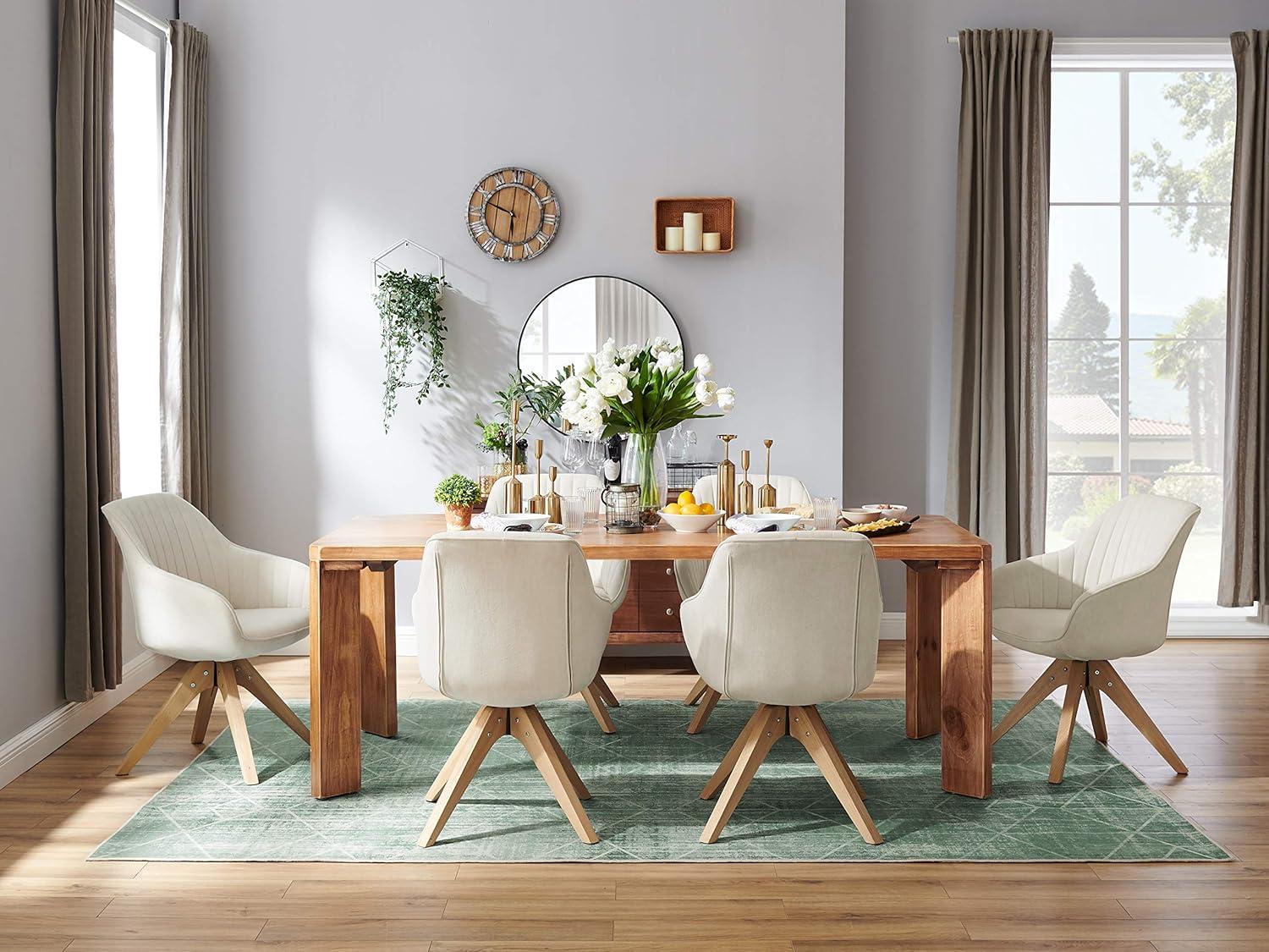 Off-White Fabric and Wood Swivel Accent Chair