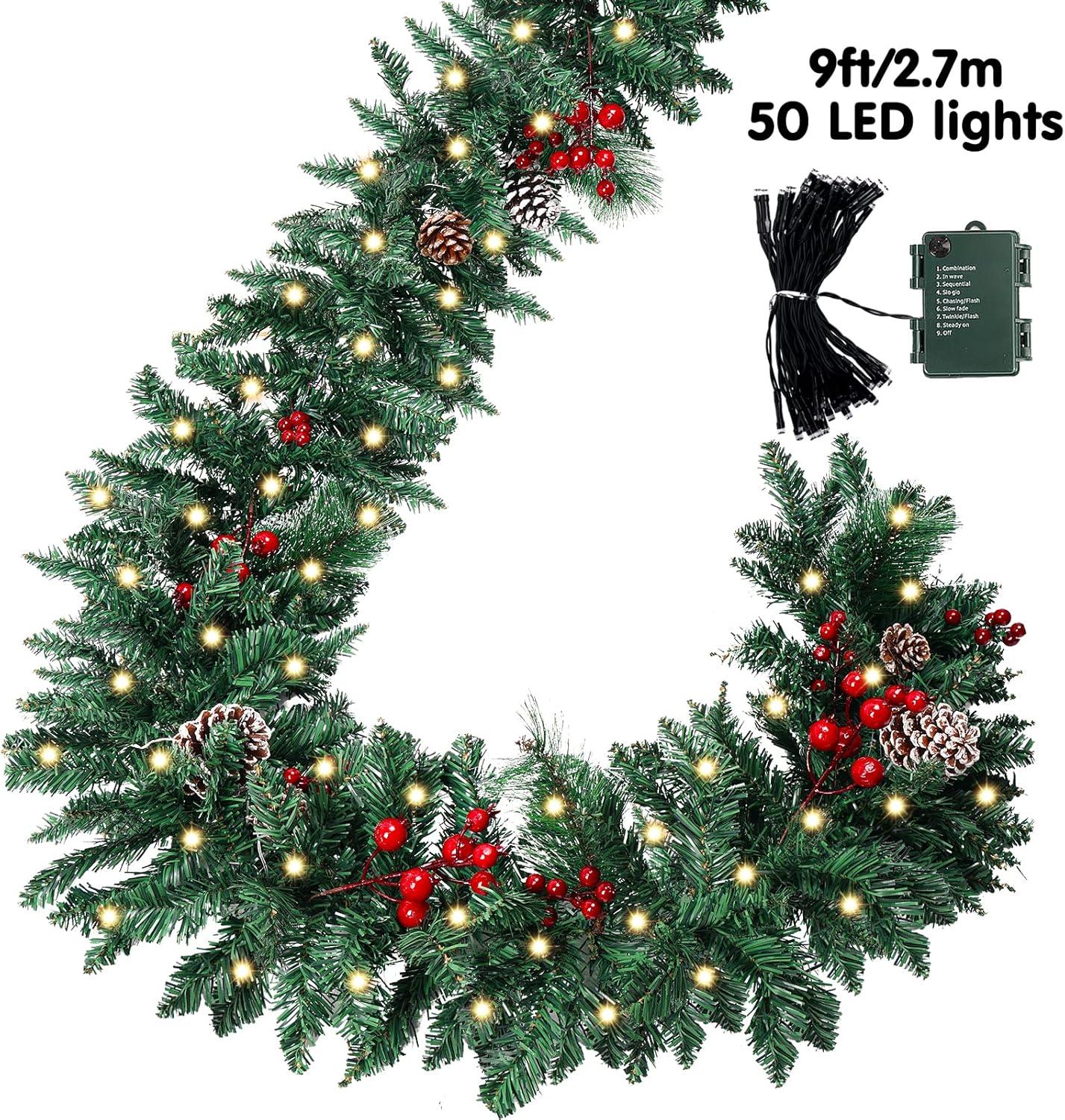 Cyinyin 9 FT Artificial Christmas Garland, Christmas Garland with 50 LED Lights, Garlands for Decoration Christmas with Pinecones Red Berries Pine Needles for Xmas Mantle Table Indoor Outdoor Decor