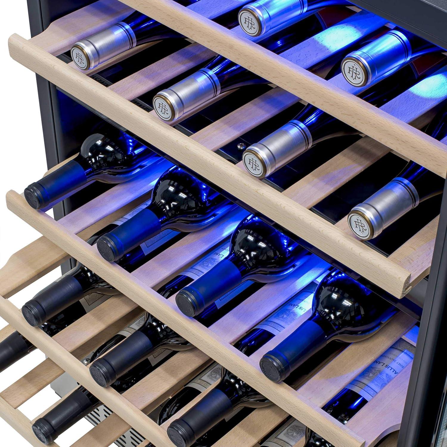 Newair 24” Built-in 46 Bottle Dual Zone Wine Cooler with Removable Beechwood Shelves in Black Stainless Steel