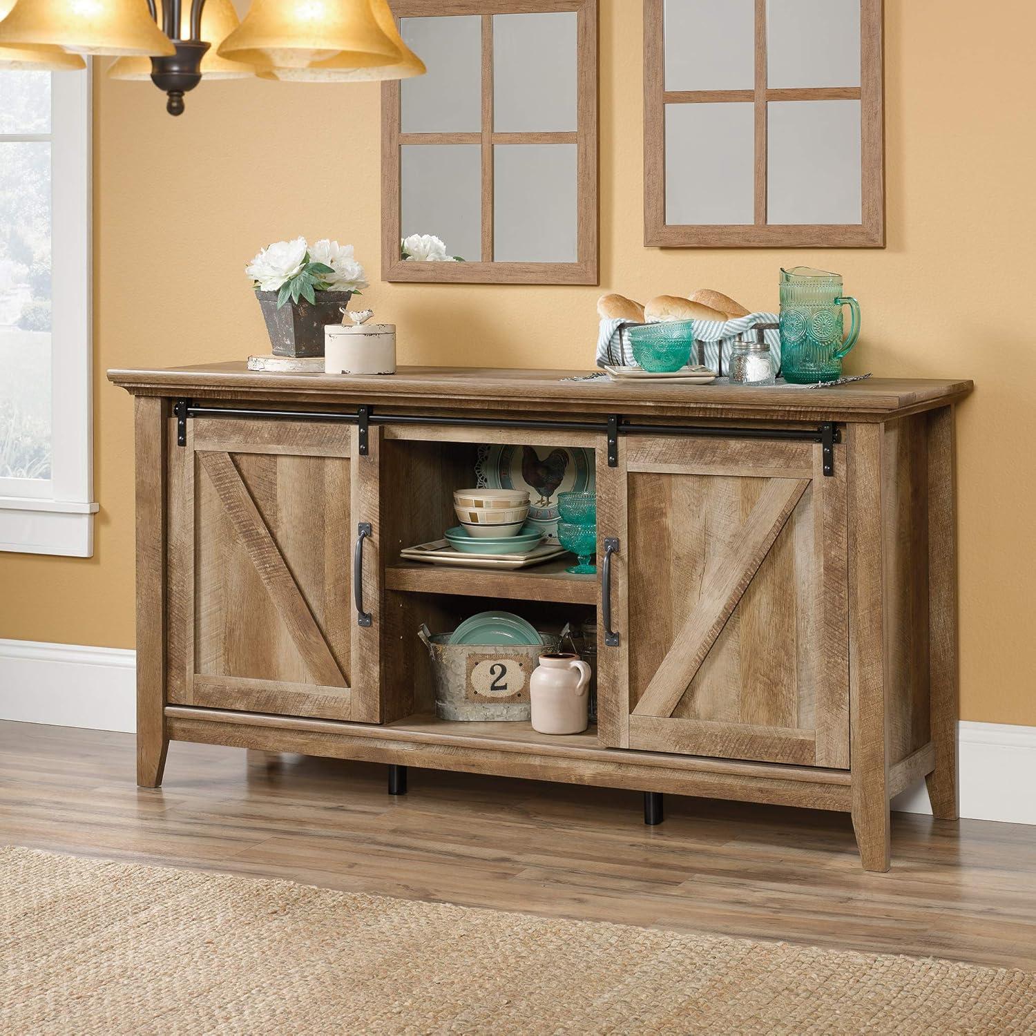 Dakota Pass TV Stand for TVs up to 70" Dark Brown - Sauder: Craftsman Oak Finish, Sliding Doors, Adjustable Storage
