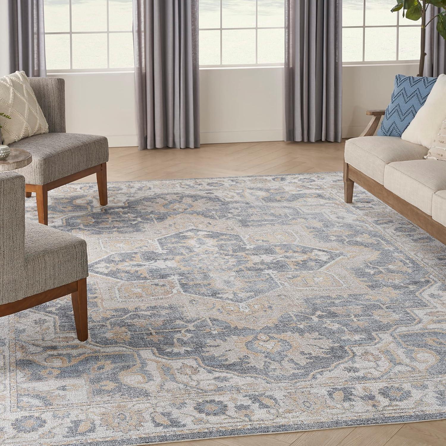 Grey Blue Floral Synthetic 9' x 12' Washable Area Rug