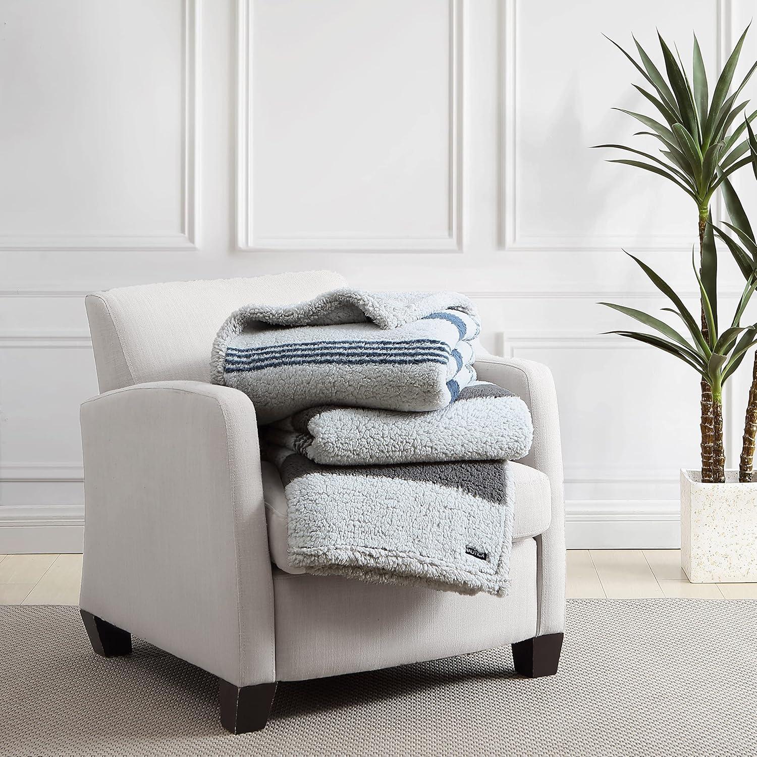 Nautica - Throw Blanket, Ultra Soft Plush Sherpa Bedding, Warm & Cozy Home Decor for Bed or Couch, Dorm Room Essentials (Saltmarsh Grey, 50" x 60")