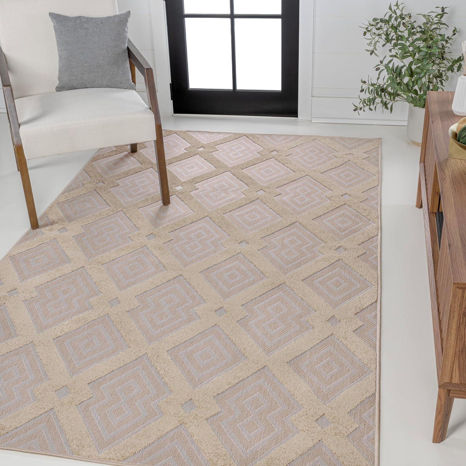 Duwun High-Low Pile Ogee Trellis Tone-on-Tone Indoor/Outdoor Area Rug  - JONATHAN Y