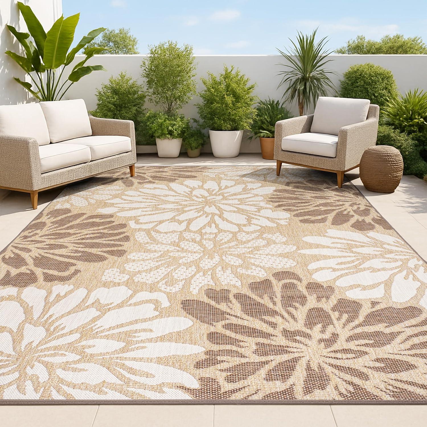 3' x 5' Zinnia Modern Floral Textured Weave Indoor/Outdoor Area Rug, Brown/Cream - JONATHAN Y