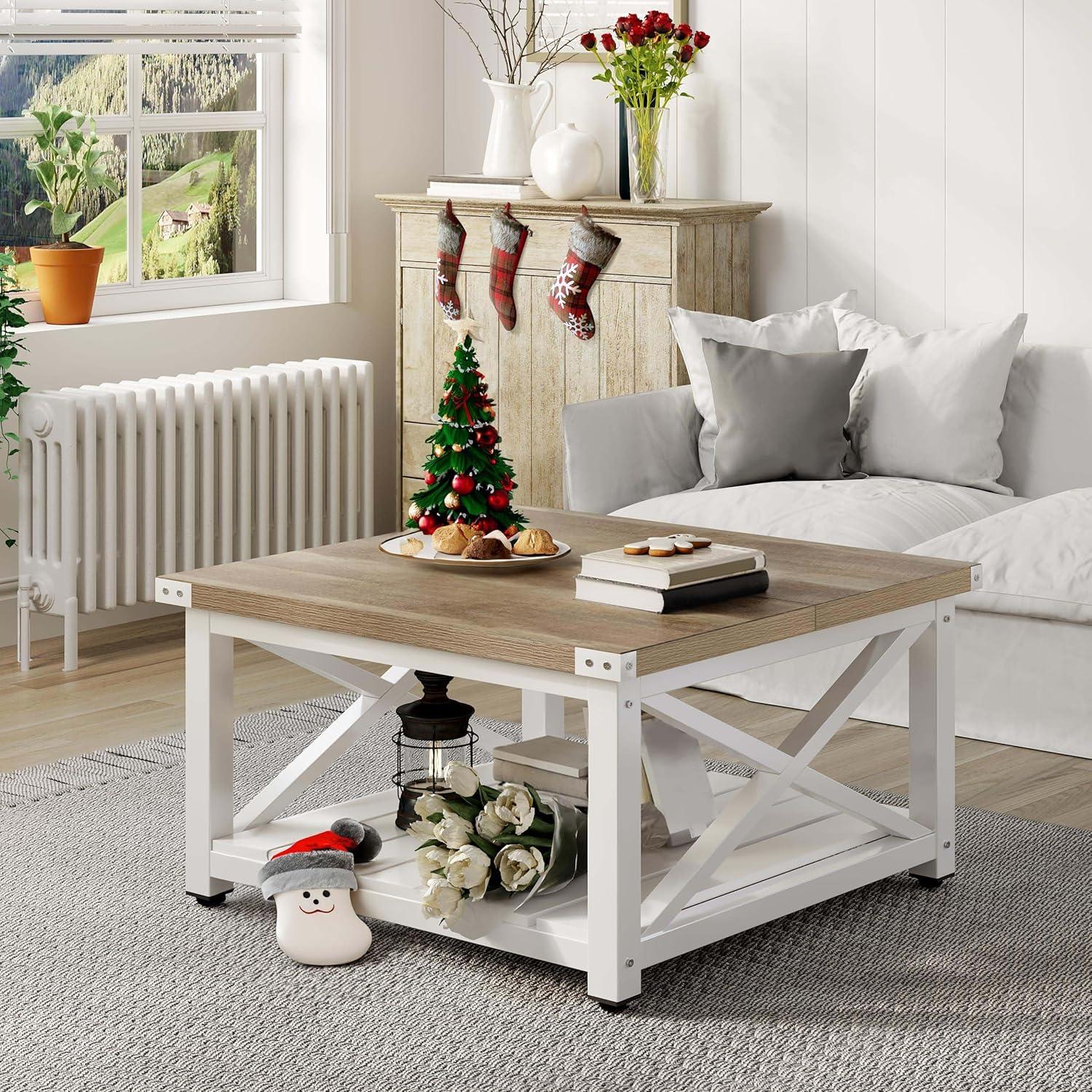 DEXTRUS Farmhouse Square Wood Coffee Table with Open Storage Shelf