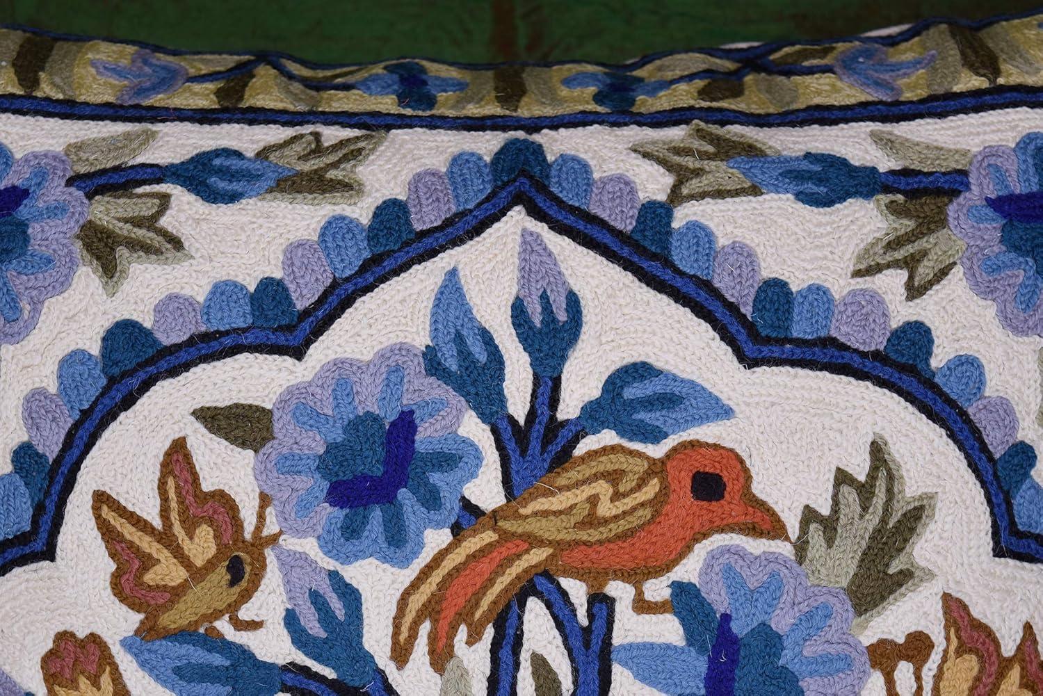 Teal Blue Embroidered Cotton Euro Pillowcase with Birds