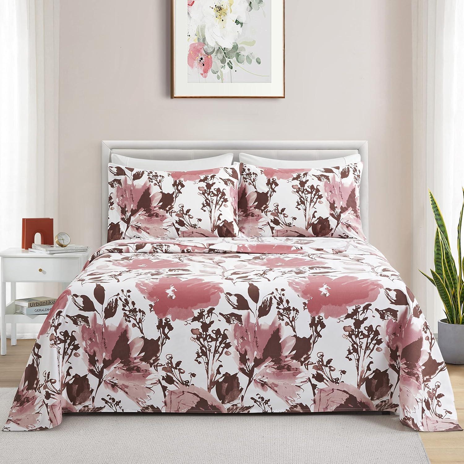 Queen Pink Floral Polyester Bamboo Deep Pocket Sheet Set