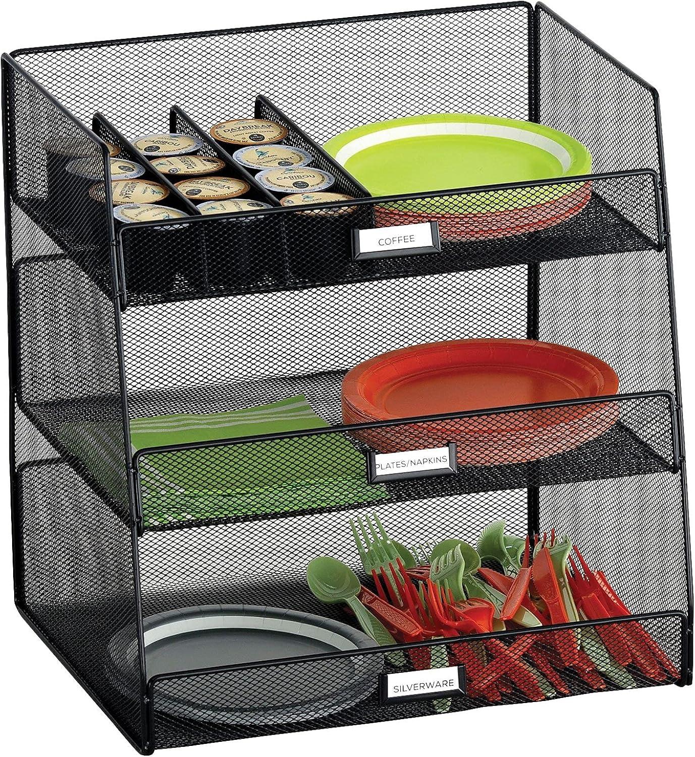 Safco Onyx Breakroom Organizers, 3 Compartments,14.63 x 11.75 x 15, Steel Mesh, Black