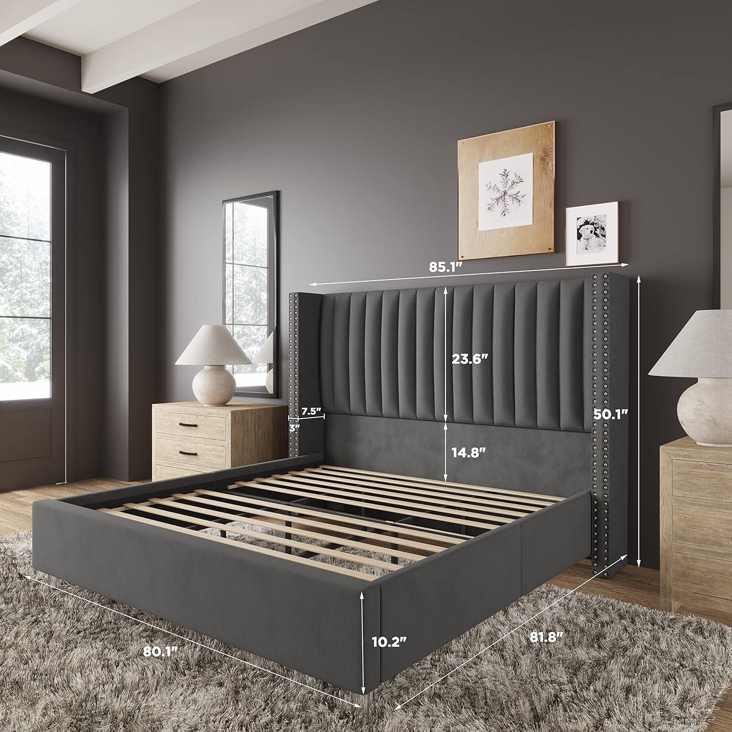 King Dark Gray Velvet Tufted Upholstered Platform Bed with Nailhead Trim