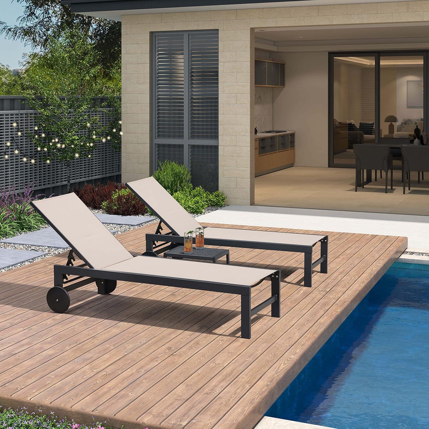 Beige Aluminum Outdoor Chaise Lounge Set with Side Table