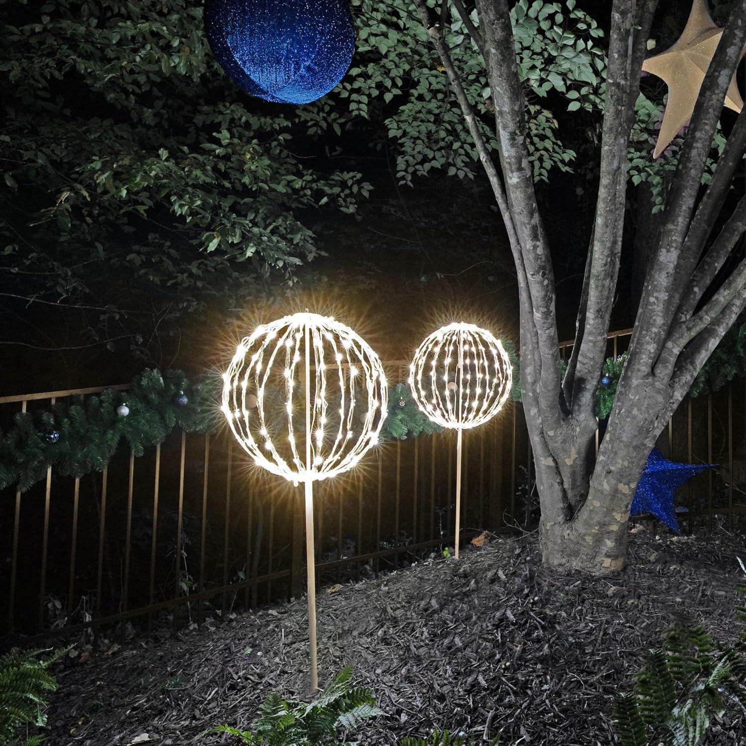LED Light Ball - Indoor/Outdoor Christmas Light Balls, Light Spheres Outdoor/Sphere Light Fold Flat Metal Frame (16", White Frame/Warm White Lights)