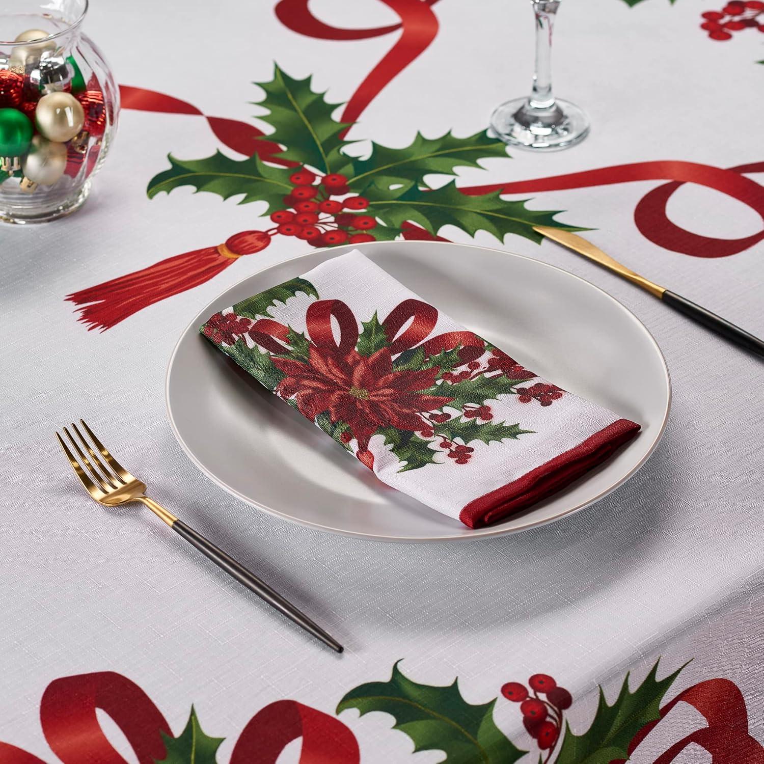 Elegant Christmas Ribbon Tablecloth with Red and Green Design, 60 x 126 Inch