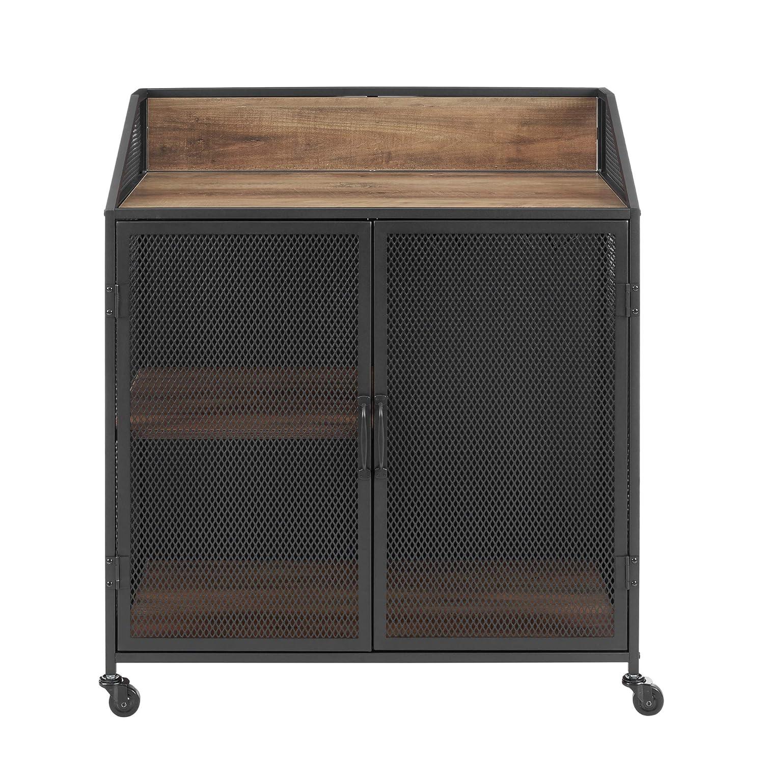 Walker Edison Industrial Bar Cabinet with Wheels, Reclaimed Barn wood