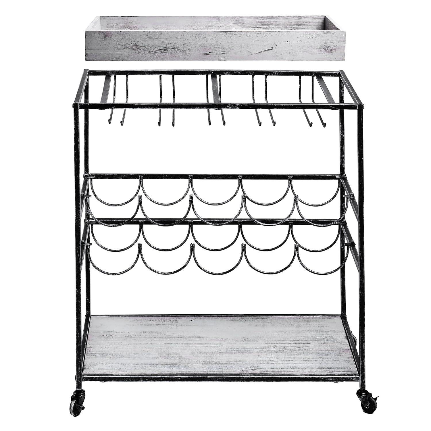 Old Dutch International Avalon Wine/Serving Cart 28" x 16" x 32" Antique Pewter, Barnwood Gray Stained Rubberwood 612BP