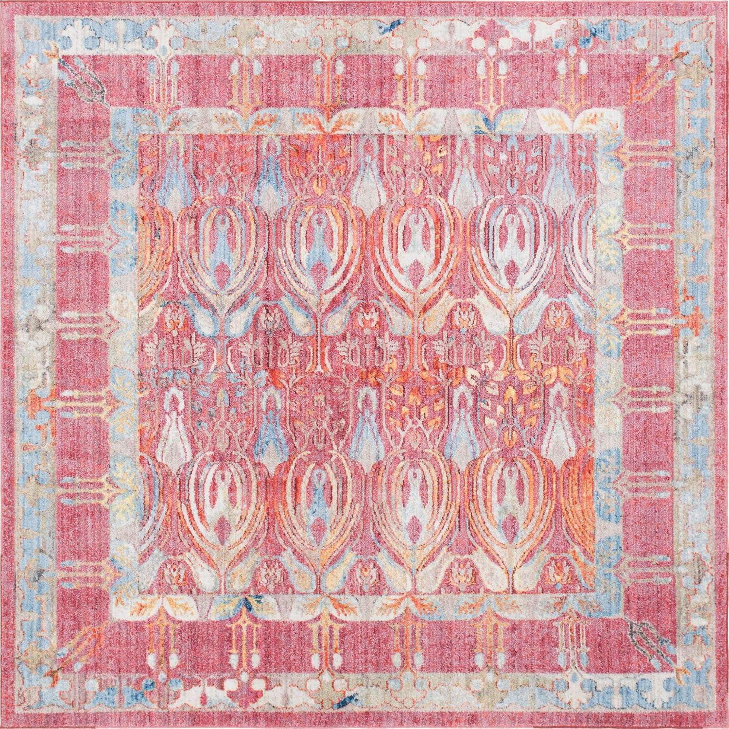 Unique Loom Williamsburg Brighton Rug Red/Beige 8' Square Border Bohemian Perfect For Dining Room Living Room Bed Room