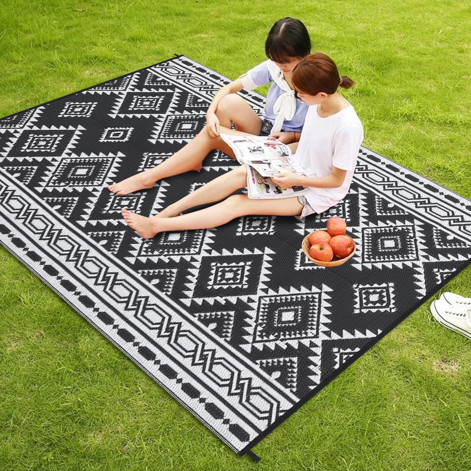 Reversible Mats, Plastic Straw Rug, Modern Area Rug, Large Floor Mat for Outdoors, RV, Patio, 9*12ft/black white: UV Protected, Quick Dry, All-Weather