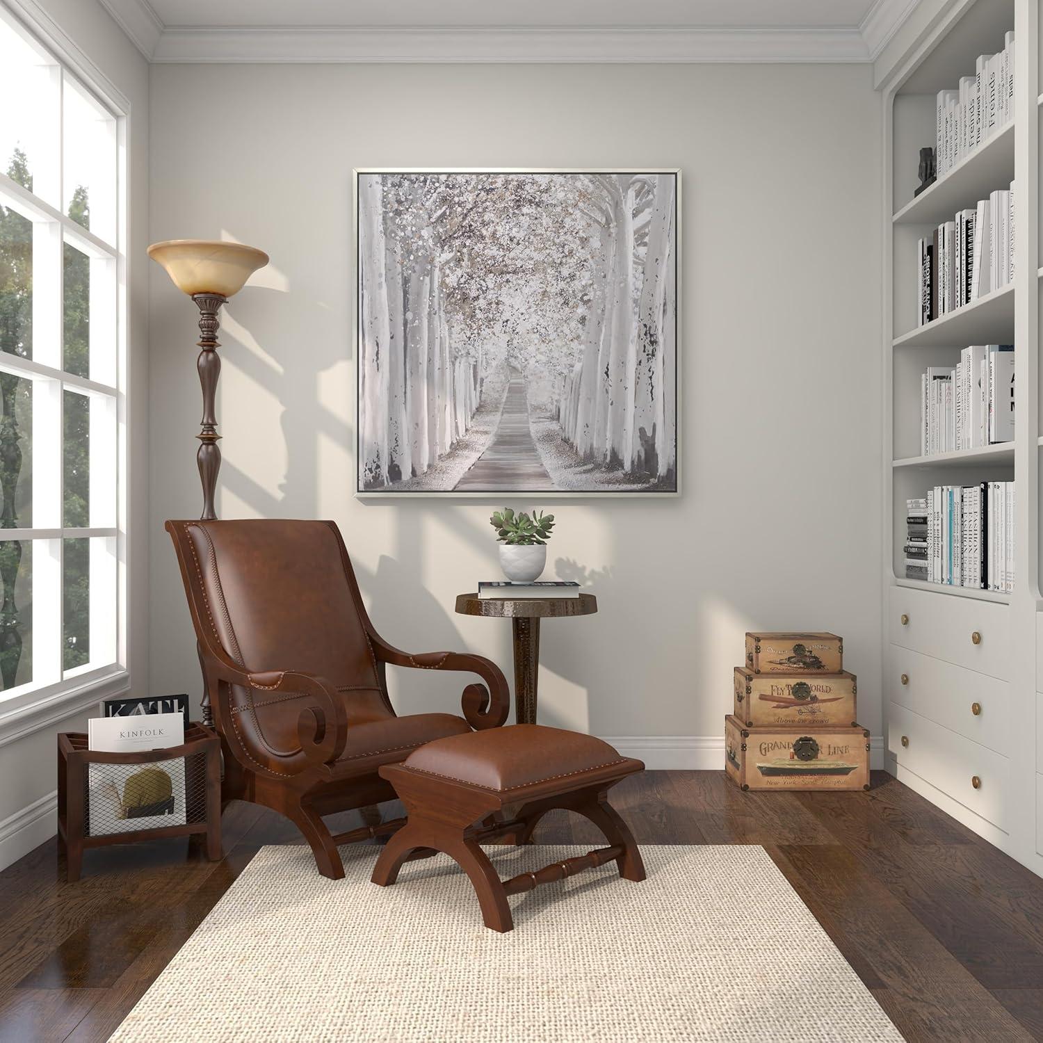 Handcrafted Brown Leather and Teak Wood Accent Chair with Ottoman