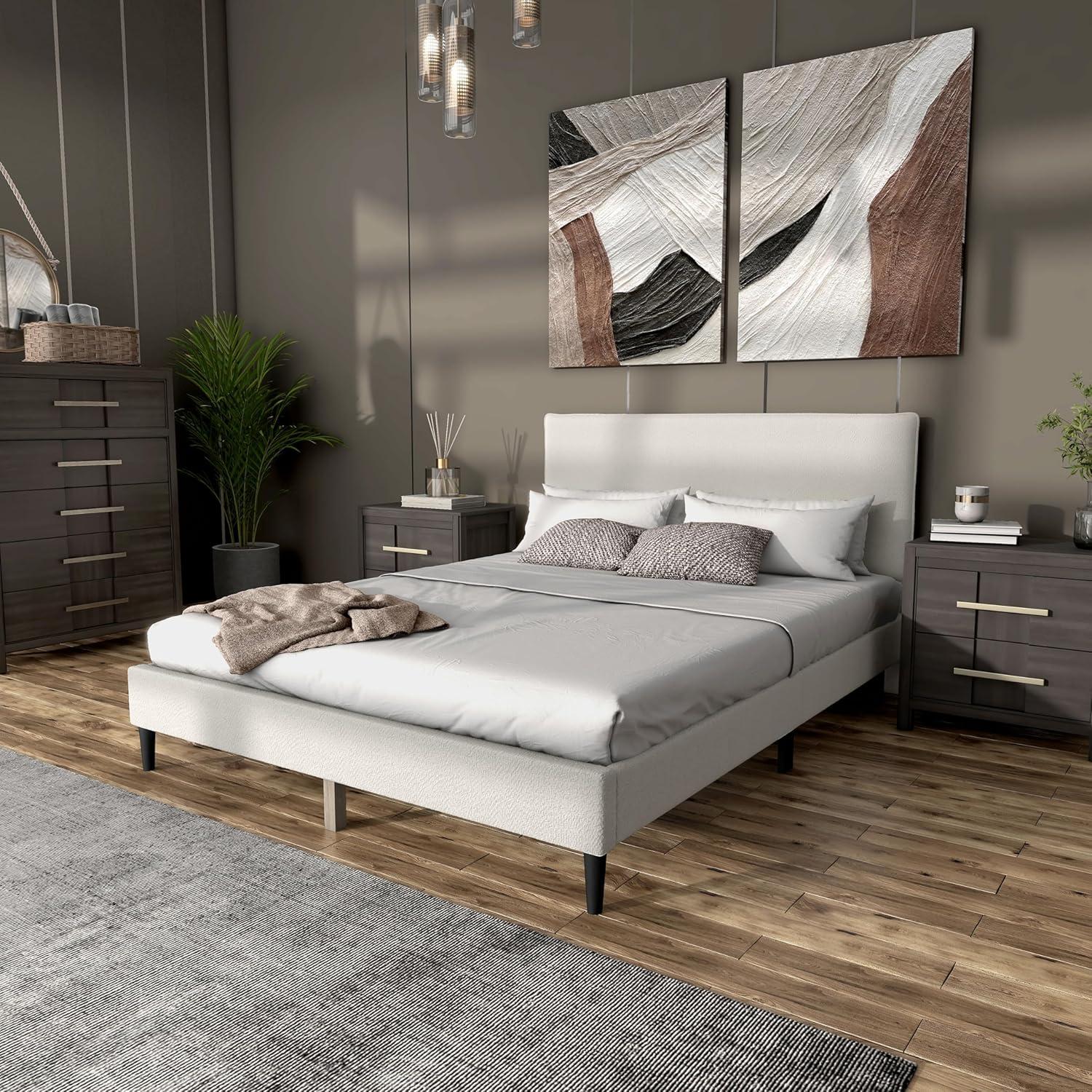24/7 Shop At Home Queen Heartwild Modern Boucle Upholstered Pillow Headboard Platform Bed: Smooth Finish & Wood Frame