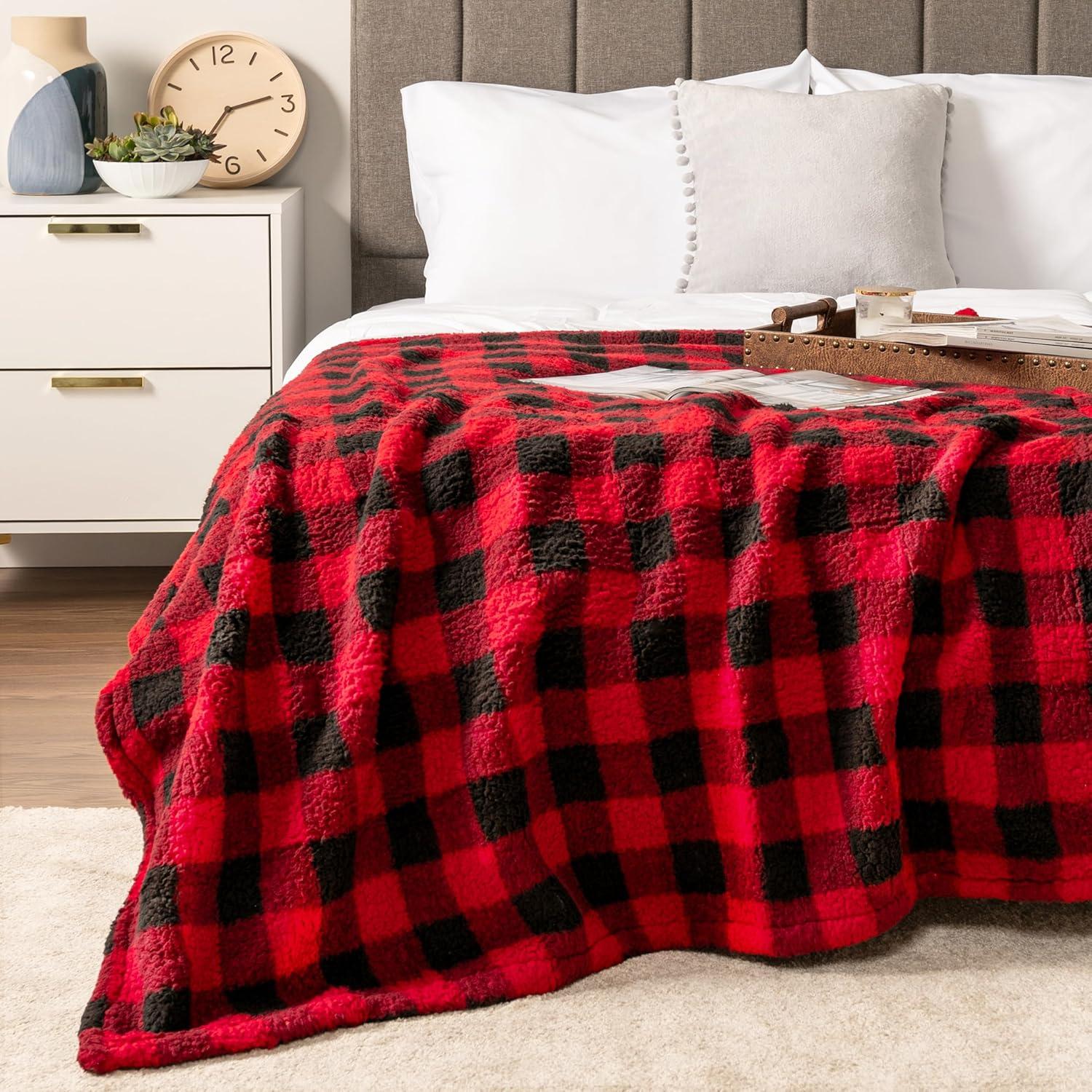 PAVILIA Plush Throw Blanket for Couch Bed, Faux Shearling Blanket and Throw for Sofa Home Decor, Checkered Red/Black/Throw - 50x60