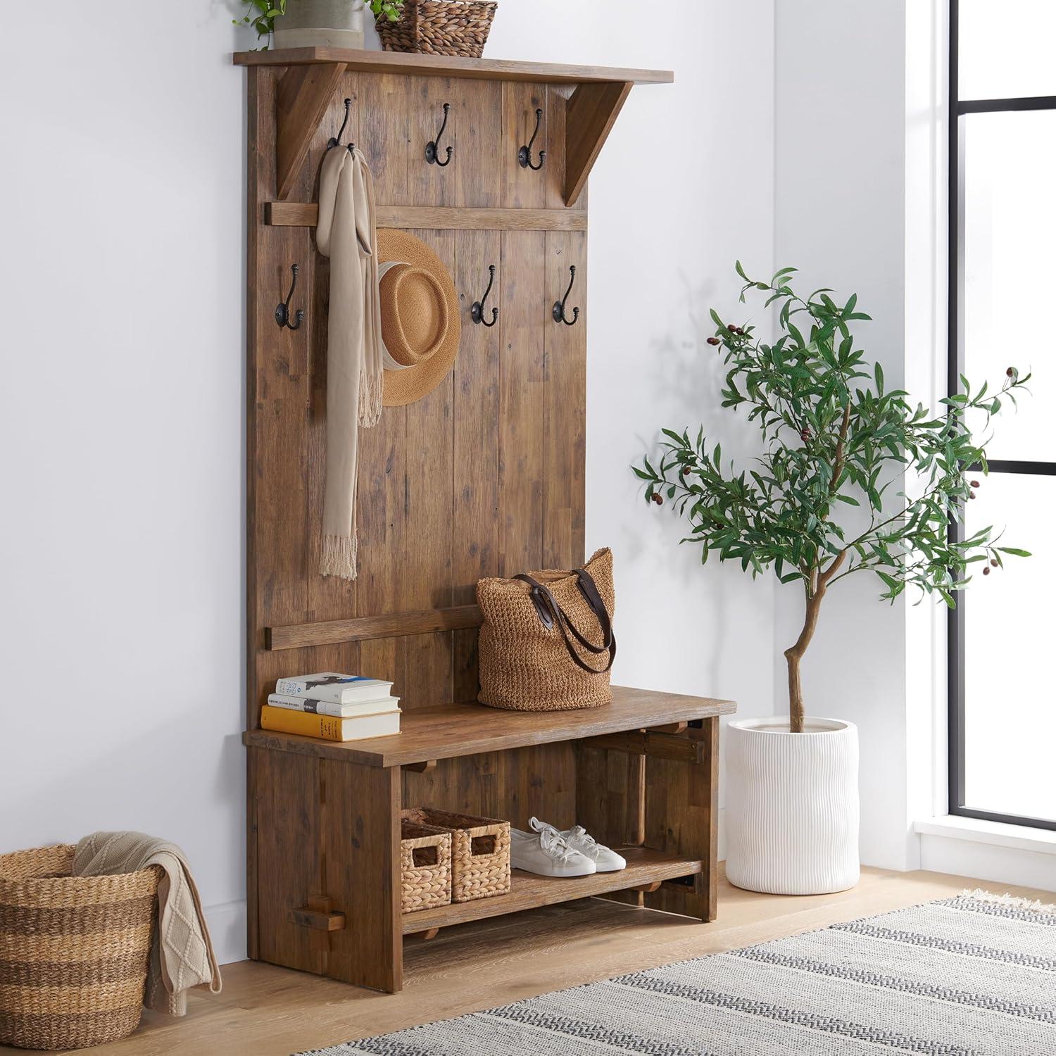 Bethel 40" Wide Industrial Rustic Farmhouse Solid Wood Hall Tree And Bench With Storage