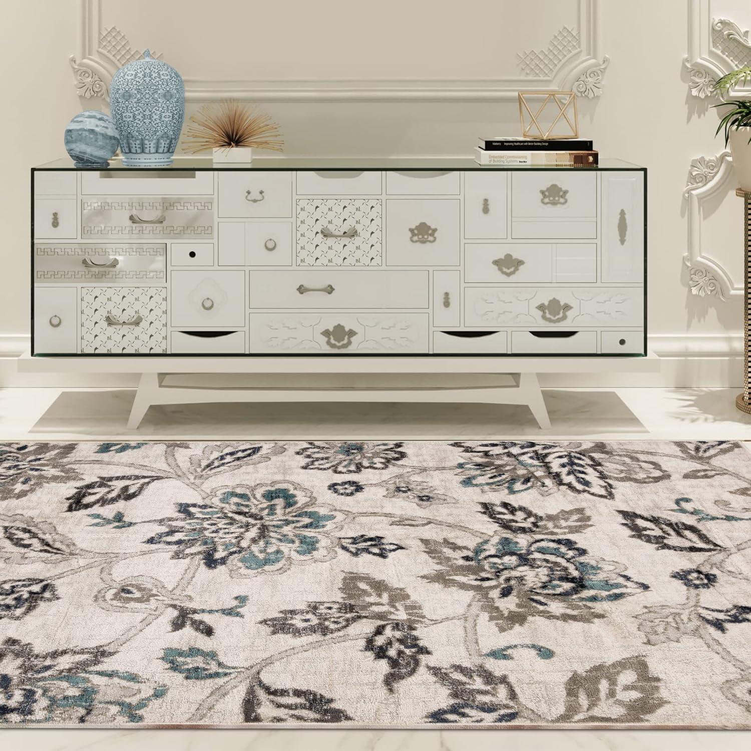 Superior Jacobean Floral Indoor Area Rug, 5' x 8', Stone