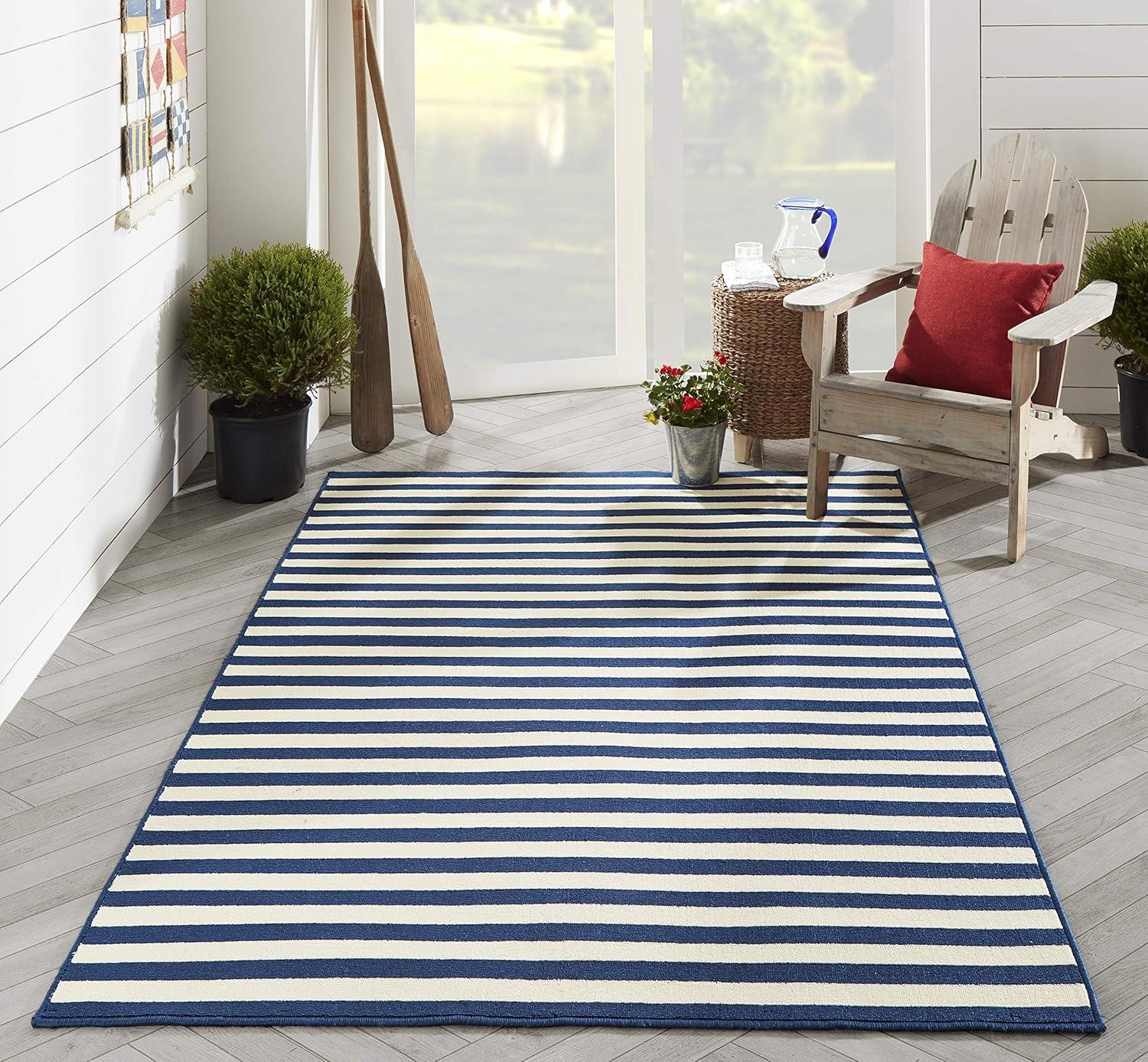 Navy and White Striped Reversible Synthetic Rectangular Rug 5'3" x 7'6"