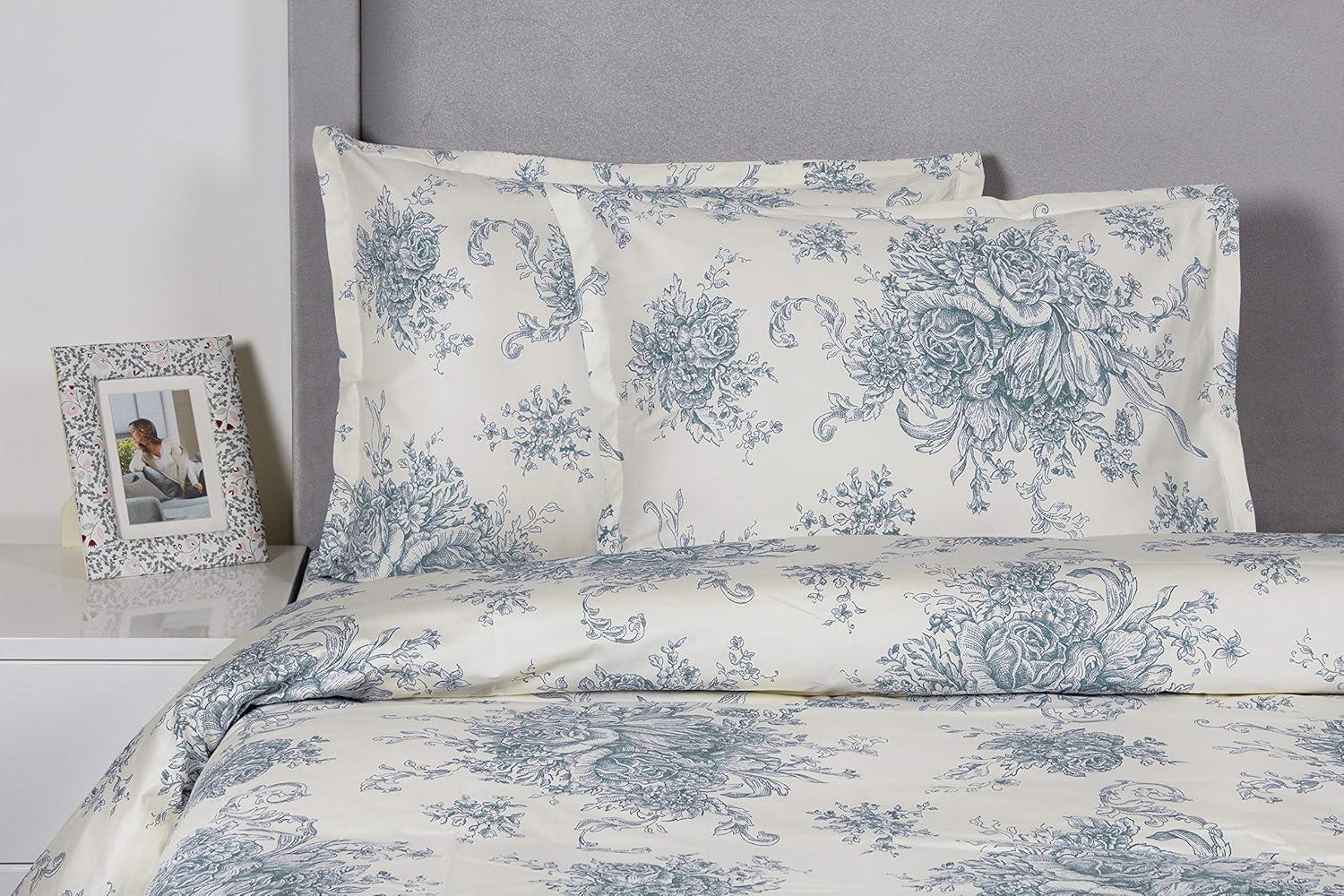 Melange Home Printed Design Cotton Collection 400 Thread Count Light Blue Toile Duvet Set Full - Queen 3 Piece