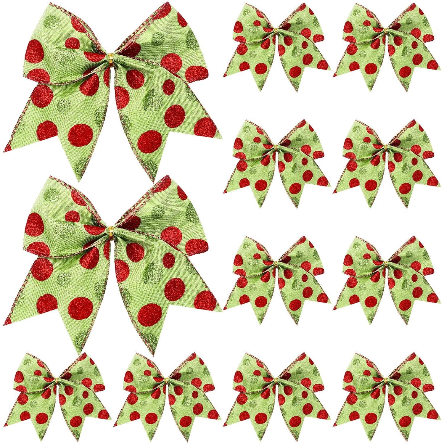 Sandistore Cute Cars 12pcs Christmas Tree Bows Ornaments 6 Inch Large Christmas Wreath Bows Red Green Xmas Tree Bows Christmas Glitter Dot Bows Ribbons Decoration For Garland Diamonds for Crafts