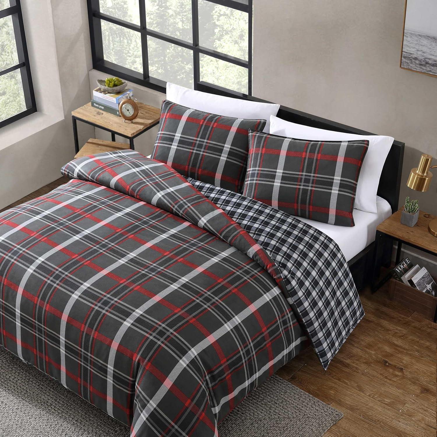 Eddie Bauer Willow Plaid Reversible Grey Duvet Cover Set