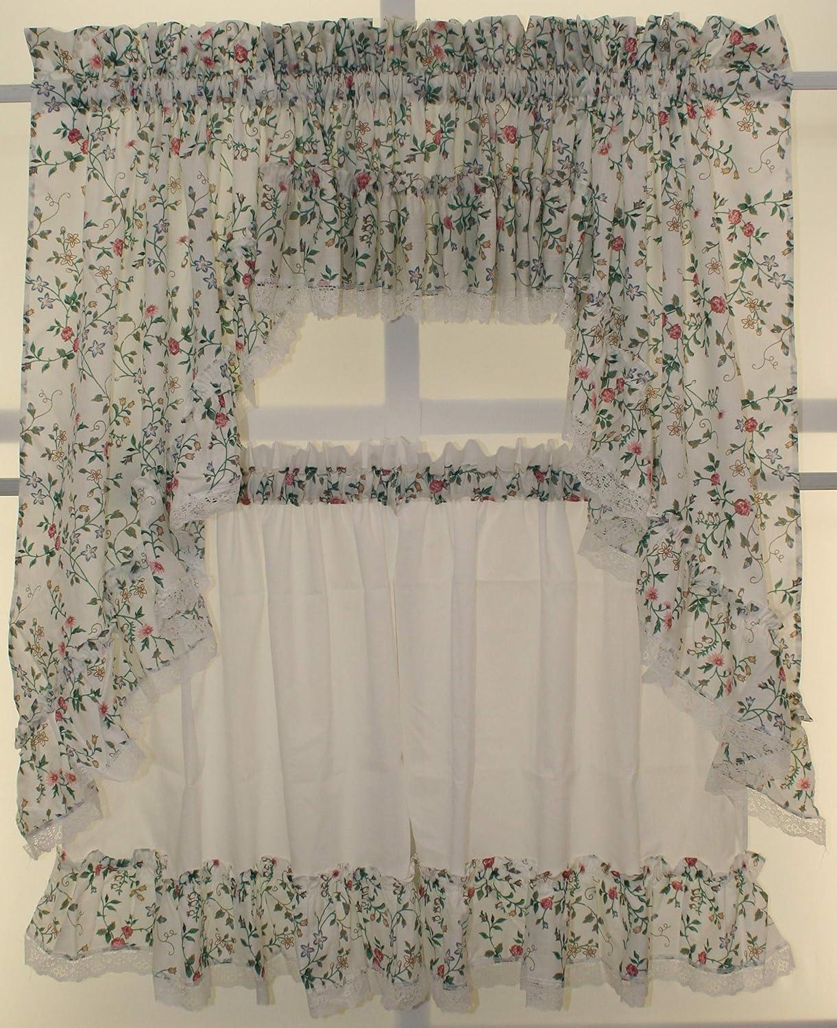 Ellis Country Floral Small Scale 1.5" Rod Pocket Floral Pattern with Ruffle Lace Edge Tier 58"x24" Multicolor