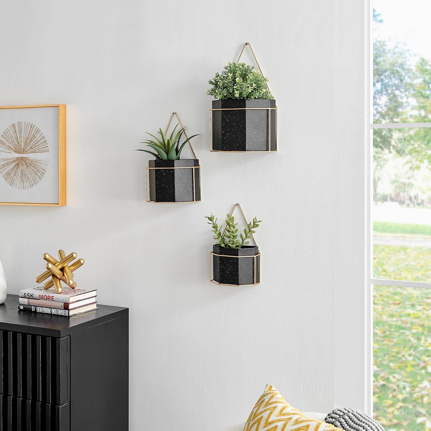 3 Piece Modern Geometric Metal Wall Planters Black/Gold - Danya B.: Indoor/Outdoor, No Assembly Required, Includes Hanging Hardware