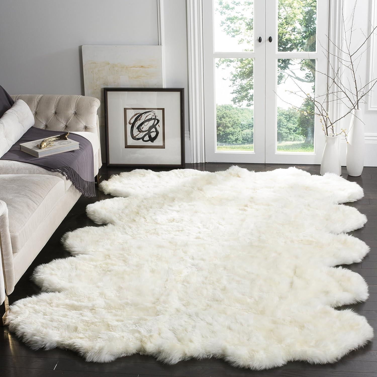 Sheep Skin SHS211 Hand Woven Area Rug - Natural/White - 6'x6' - Safavieh.