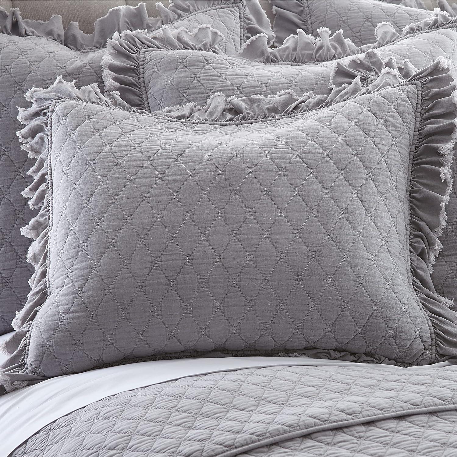 Levtex Home - Grey Stonewash Quilt Set - King/Cal King Quilt + One King Pillow Sham - Grey with Frayed Ruffle - Quilt Size (106x92in.) and Pillow Sham Size (36x20in. ) - Reversible - Microfiber