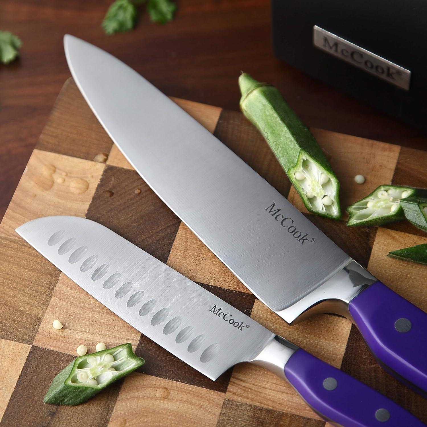MC27 14 Pieces Stainless Steel kitchen knife set with Wooden Block, Kitchen Scissors and Built-in Sharpener, Purple