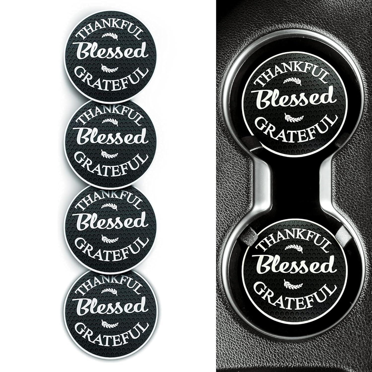 Proverbs 18:10 Products Cute Coasters and Accessories / (4) Pack / Car Cup Holders / Thankful Grateful Blessed Interior Accessories, Black