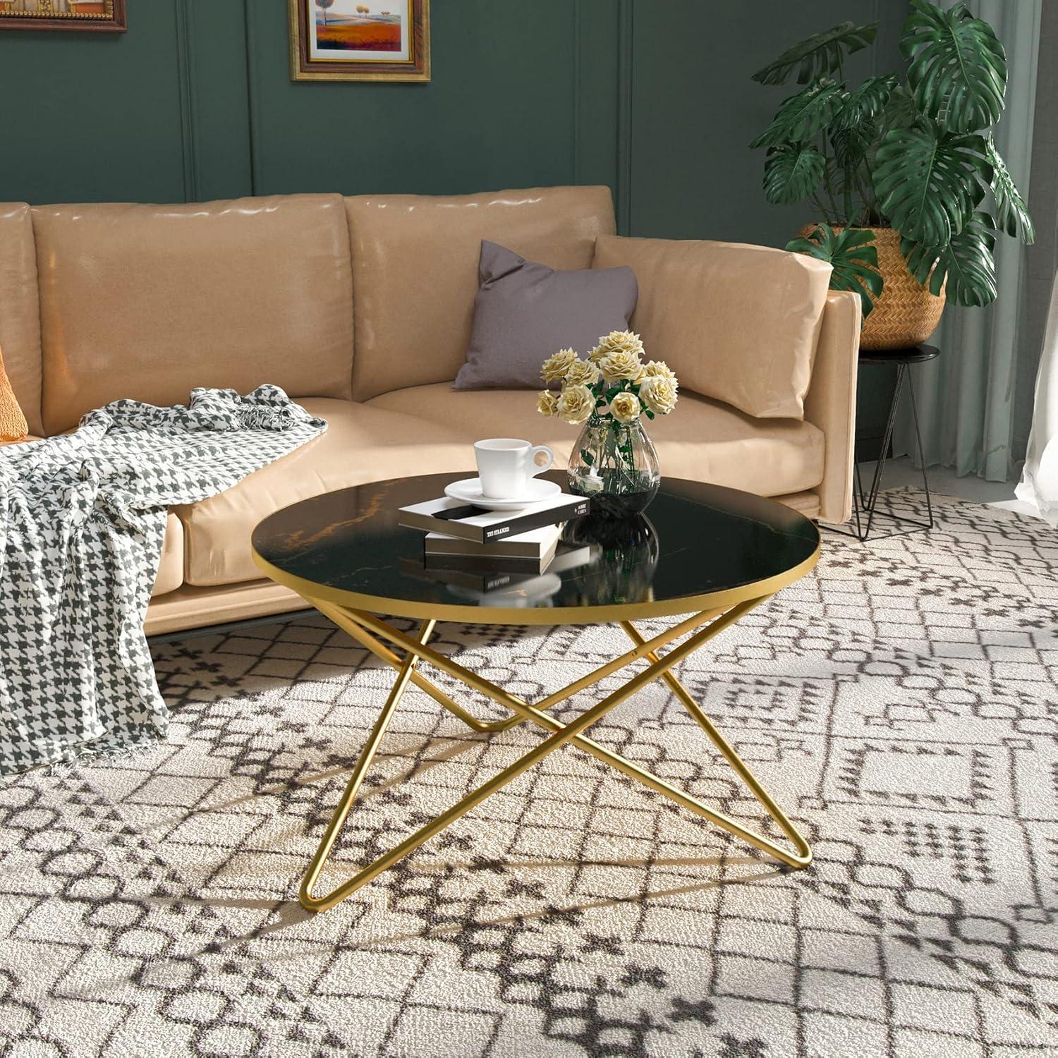 Black Faux Marble Round Coffee Table with Gold Base