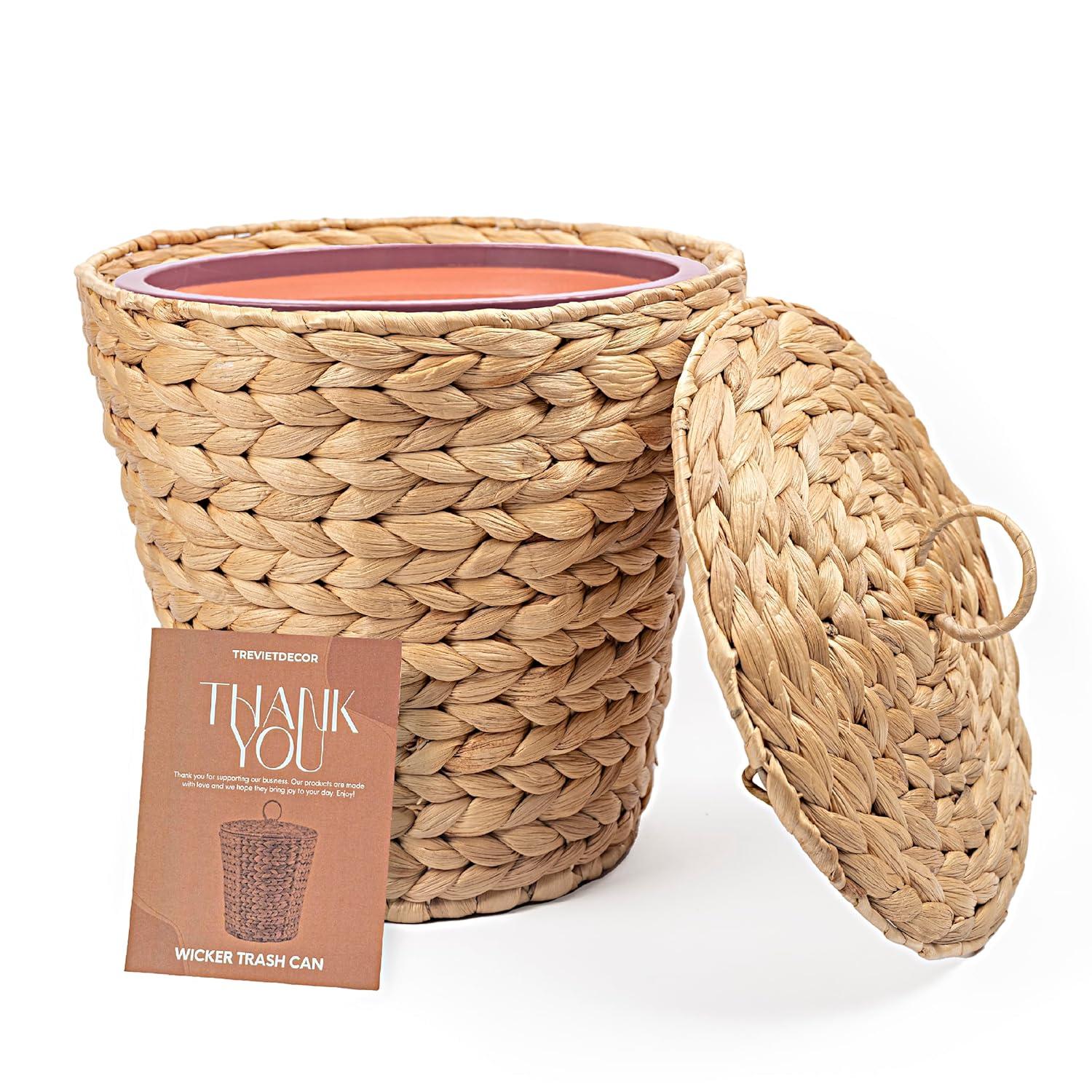 Medium Natural Wicker Round Trash Can with Lid