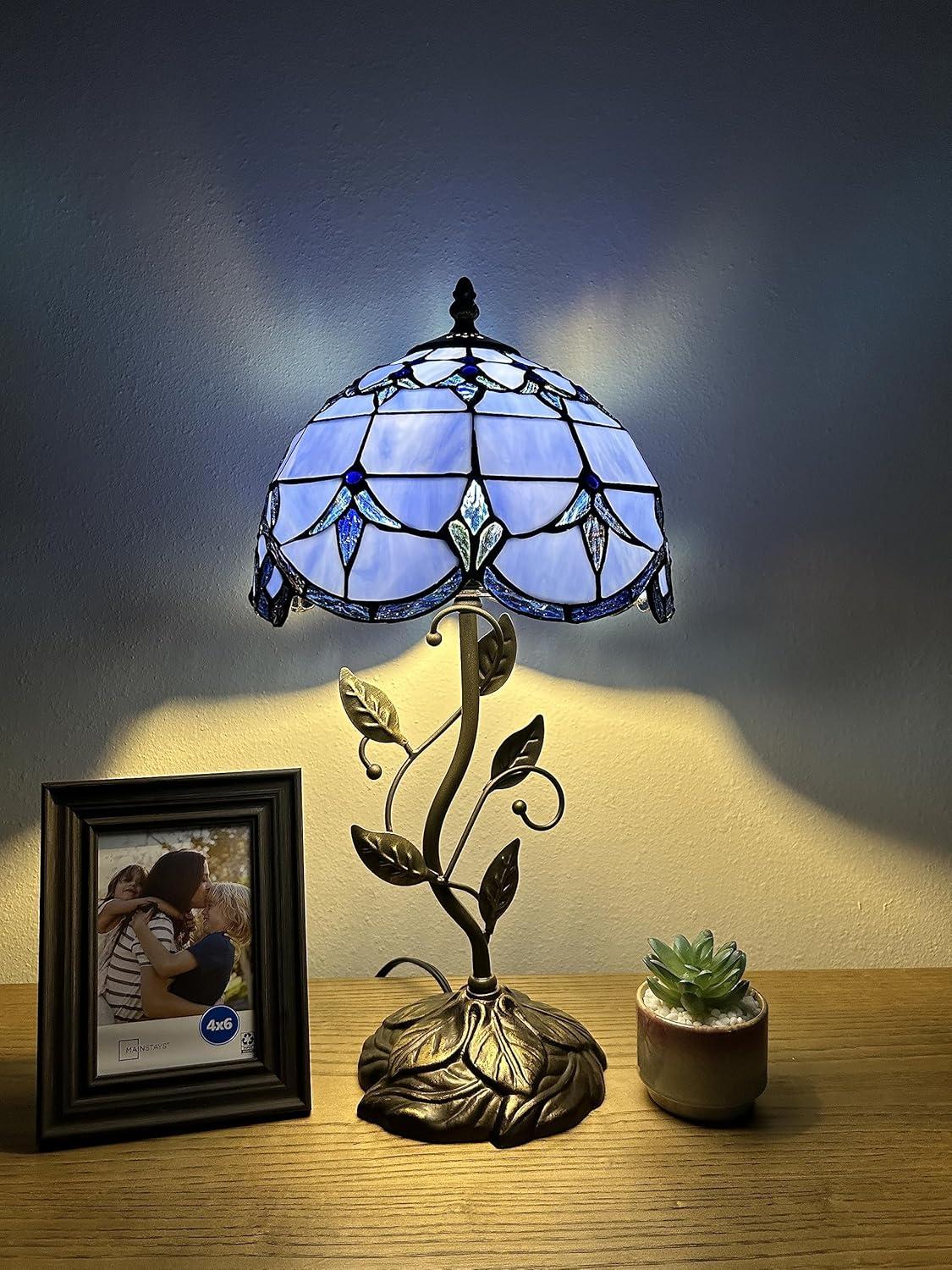 Tiffany Table Lamp Blue Stained Glass Baroque Style Lavender Iron Metal Leaves Bronze Base Included LED Bulb for Living Room Bedroom Bedside 10"W*10"D*20"H