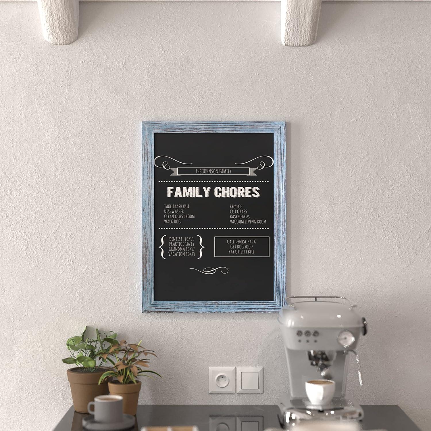 HBCY Creations Rustic Blue Magnetic Wall Chalkboard, 18" x 24", Framed Decorative Chalkboard with Eraser - For Kitchen, Weddings, Restaurant Menus and More!