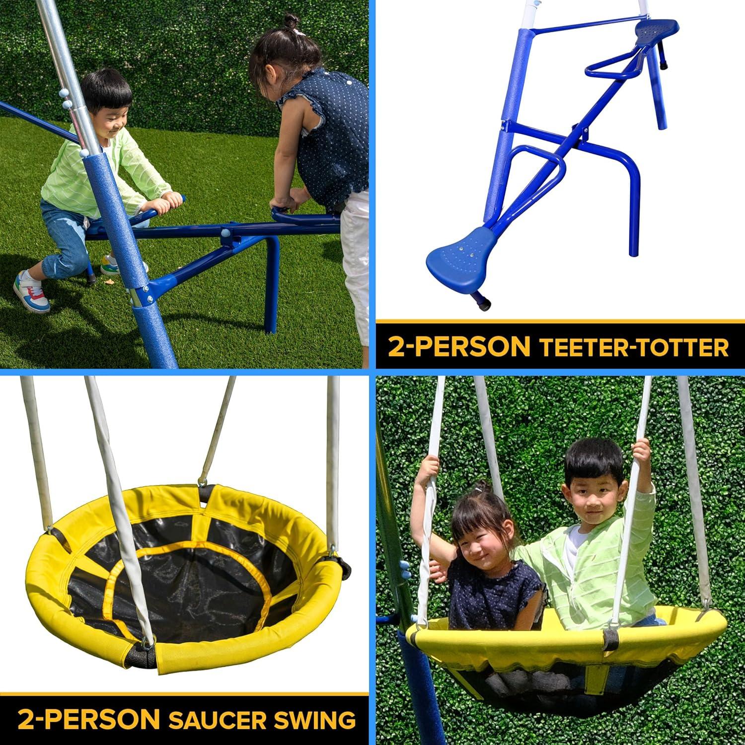 Sportspower Sportspower Taylor Galvanized Metal Swing Set With Blow Molded Swing, Standing Swing, 2 Person Teeter Totter, 32" Saucer Swing, And 5' Slide, Bonus 4pc Anchor Kit Included