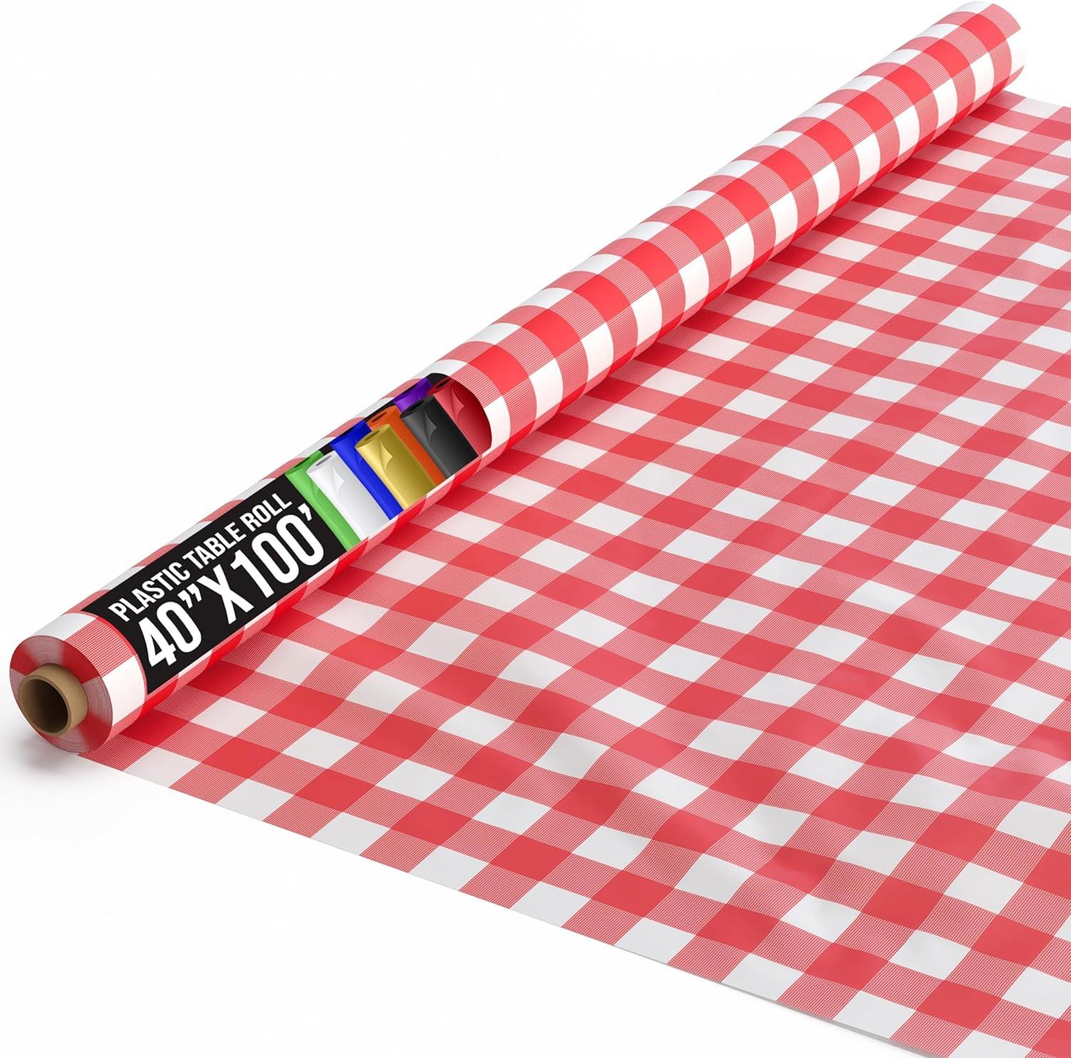 Red Gingham 40" x 100' Plastic Table Roll