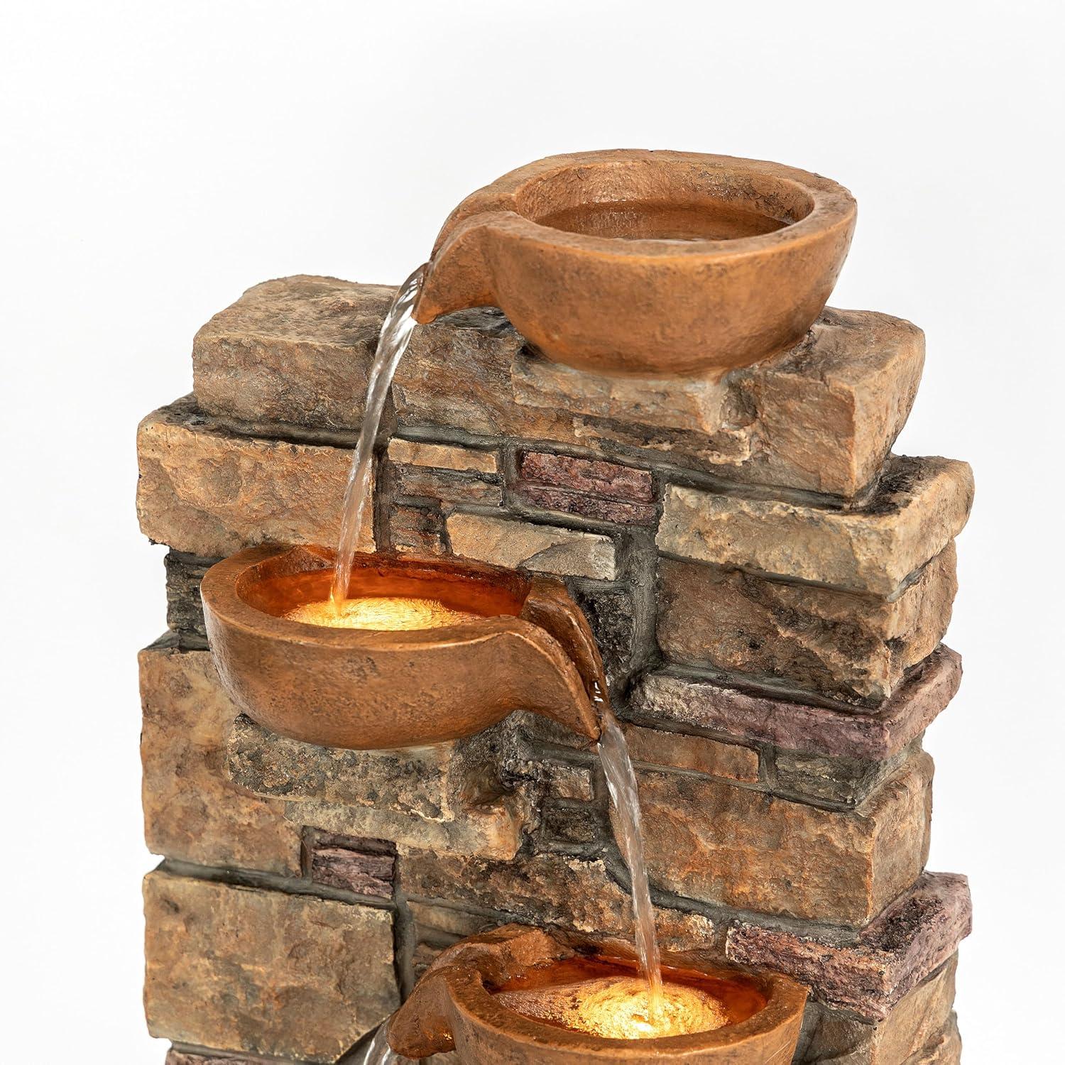 Teamson Home 33.27" Polyresin Cascading Bowls & Stacked Stones LED Fountain: Rust-Resistant, Electric Pump, Ground Freestanding