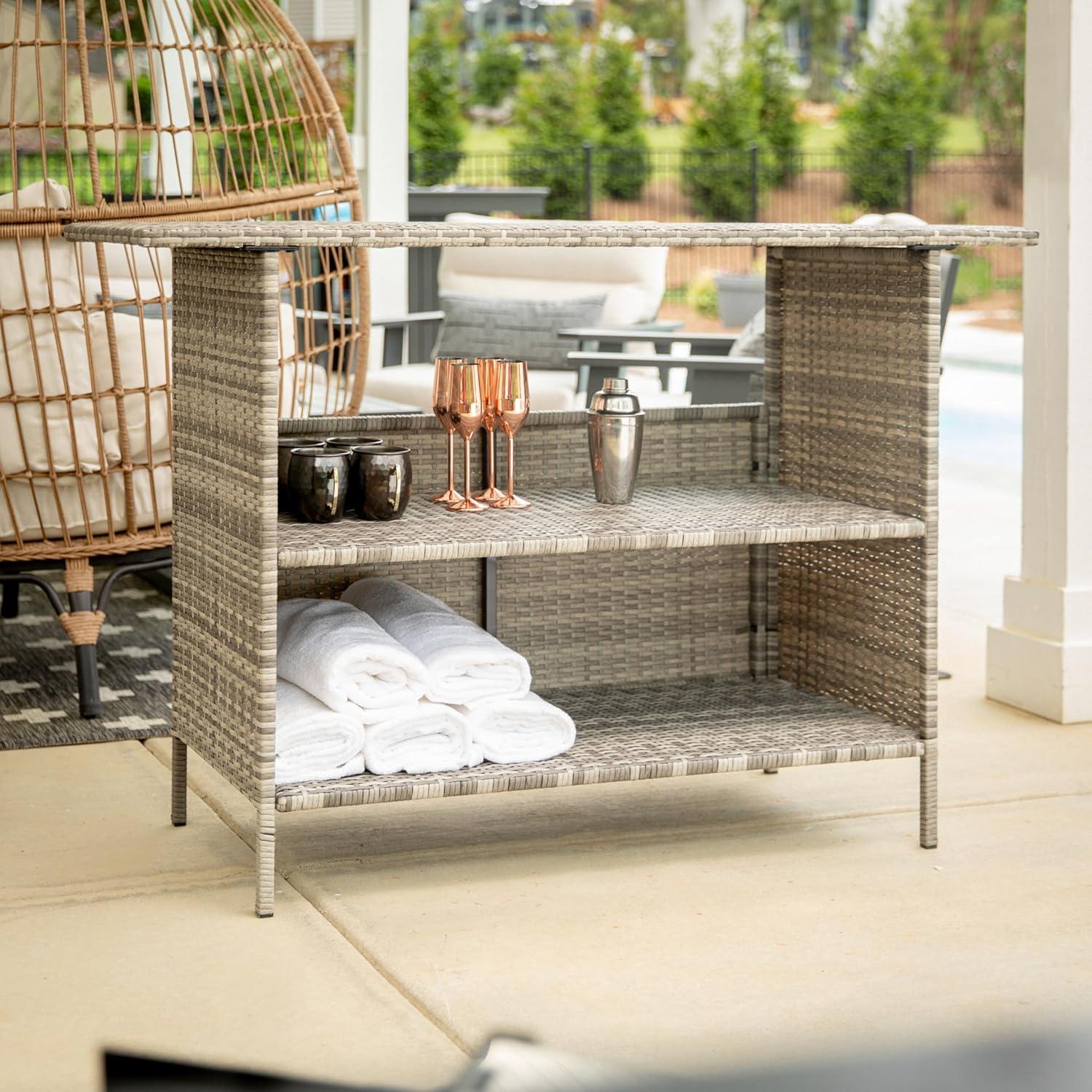 Flash Furniture Marco Indoor/Outdoor Patio Wicker Rattan Bar Counter Table with 2 Shelves, Gray