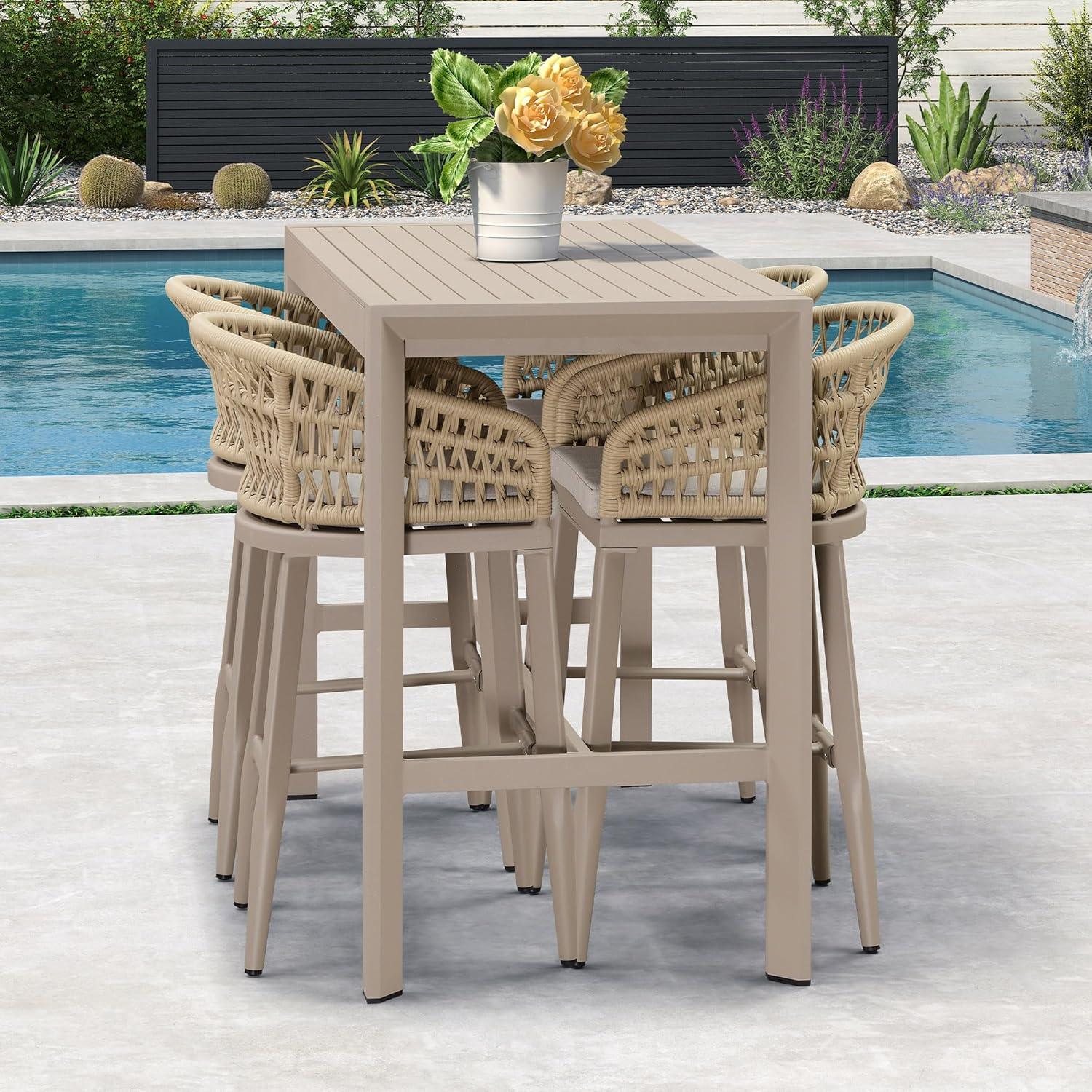 Champagne Aluminum and Rattan Bar Stools with Cushions, Set of 2