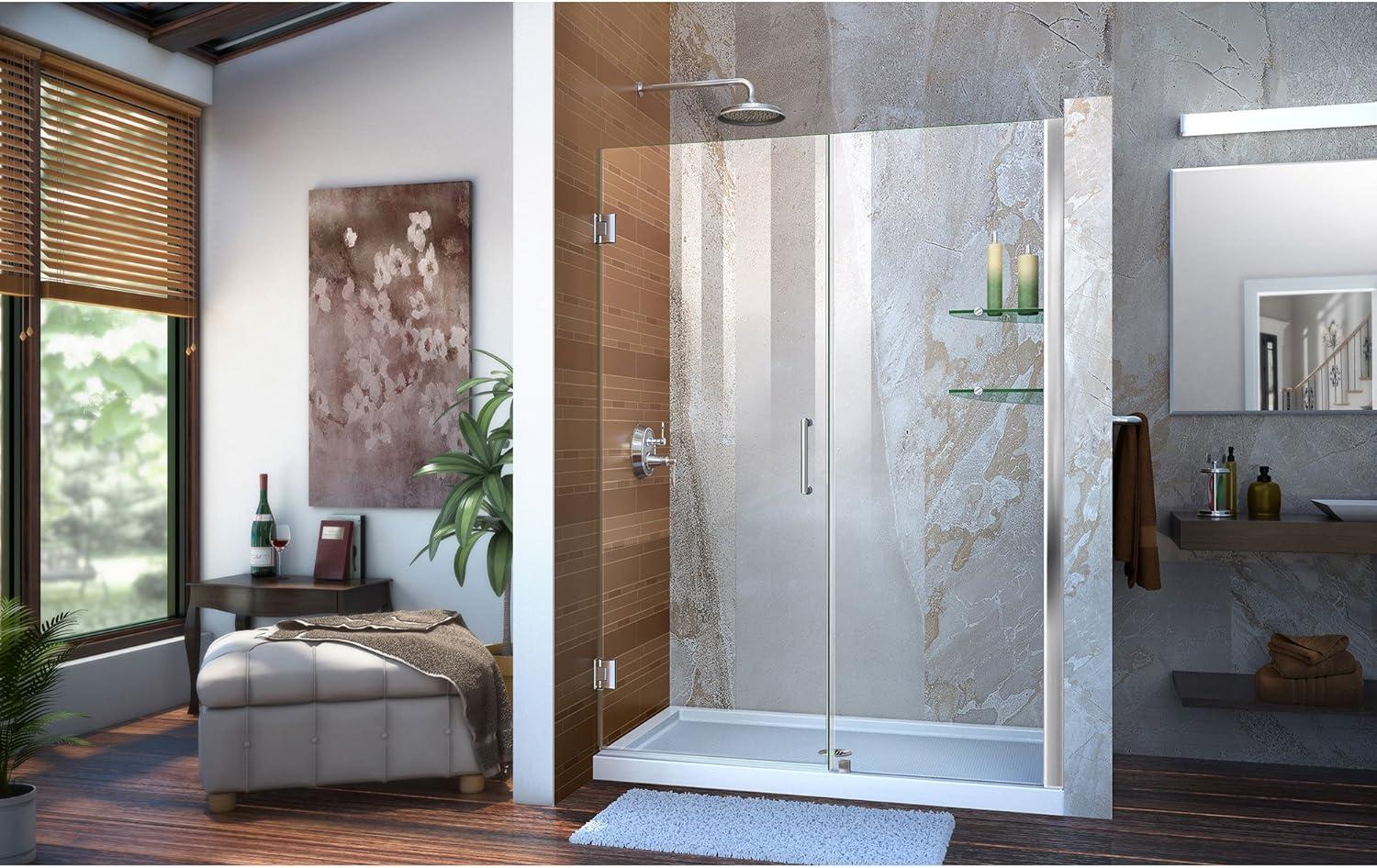 Unidoor Frameless Hinged Shower Door with Glass Shelves