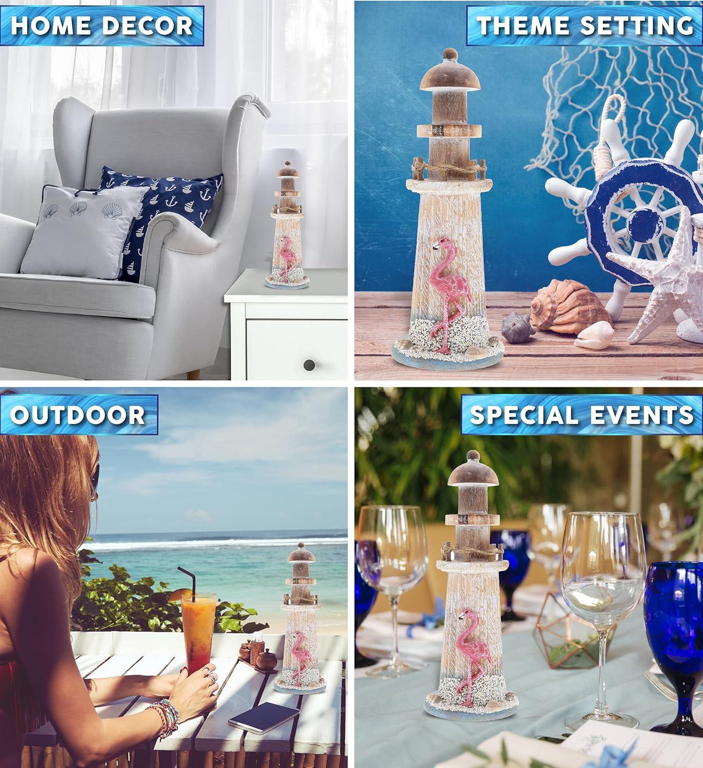 CoTa Global Flamingo Beach Lighthouse Decor - Handmade and Crafted Wooden Lighthouse Decoration with Sea Shells, Decorative Beach Style Tabletop Centerpiece, Nautical Themed Home Decor - 8.5 Inch