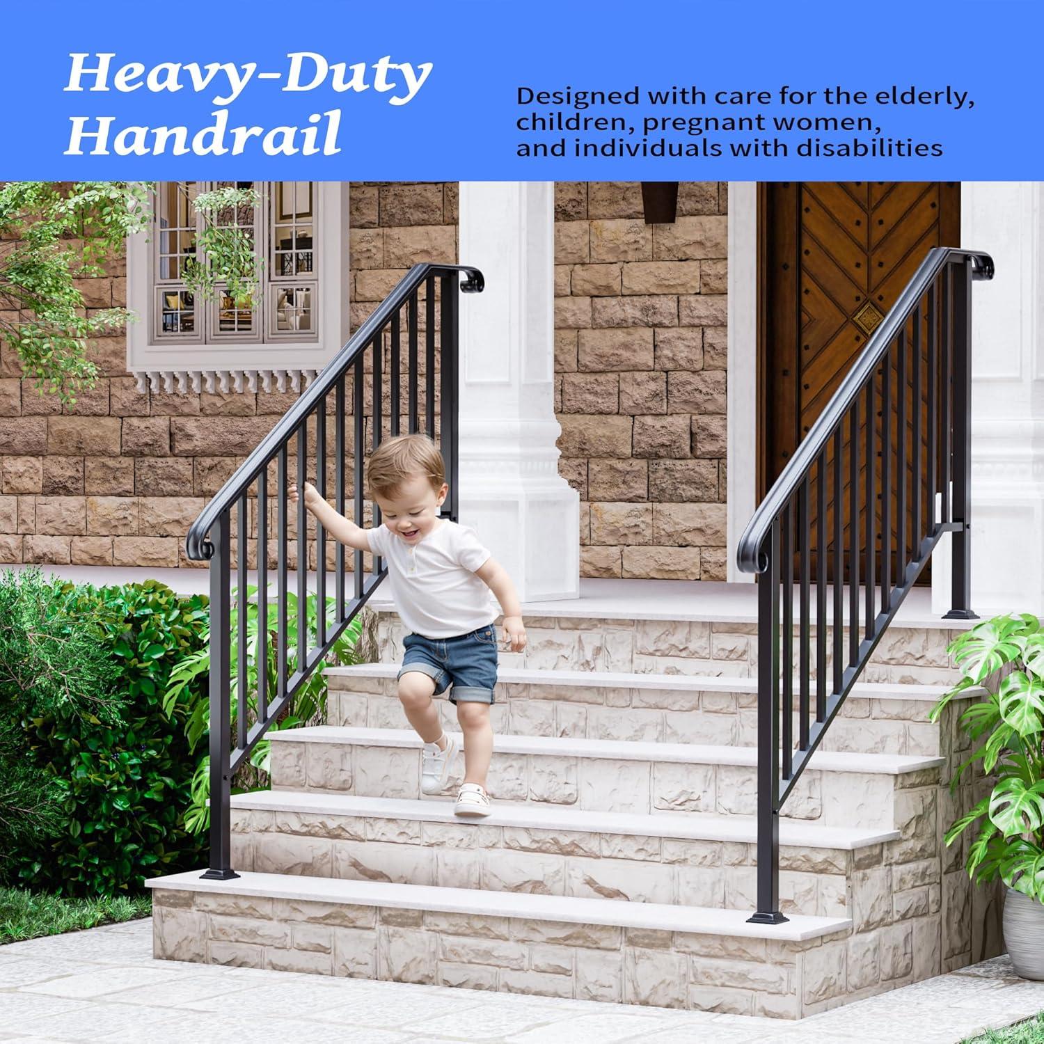 HLL Handrails for Outdoor Steps, Black Wrought Iron Handrail Fits 4 or 5 Steps, Transitional Handrail with Installation Kit, Stair Railing for Concrete Steps or Wooden Stairs