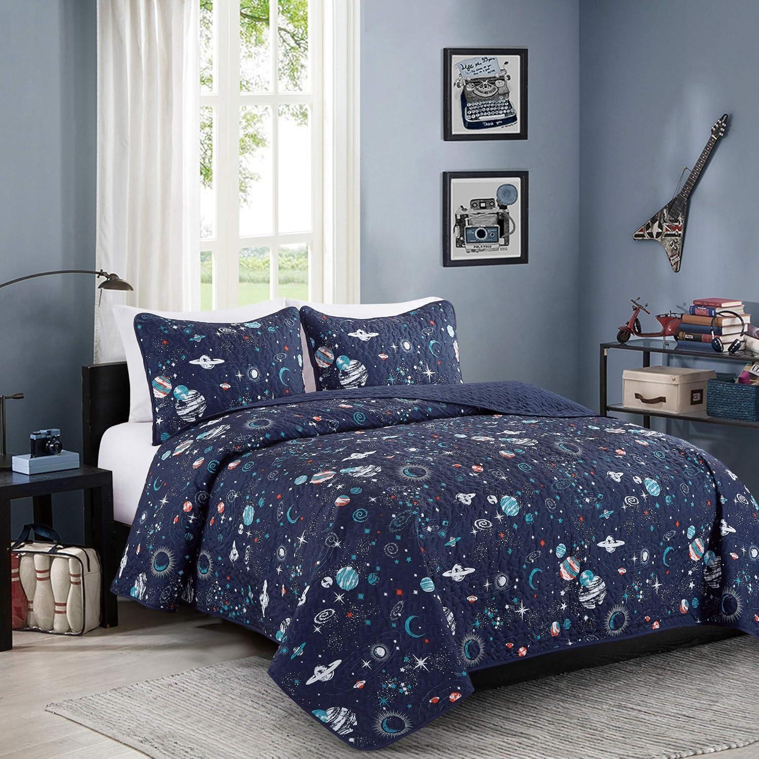 Blue Galaxy Space Theme Full Quilt Set with Pillow Shams